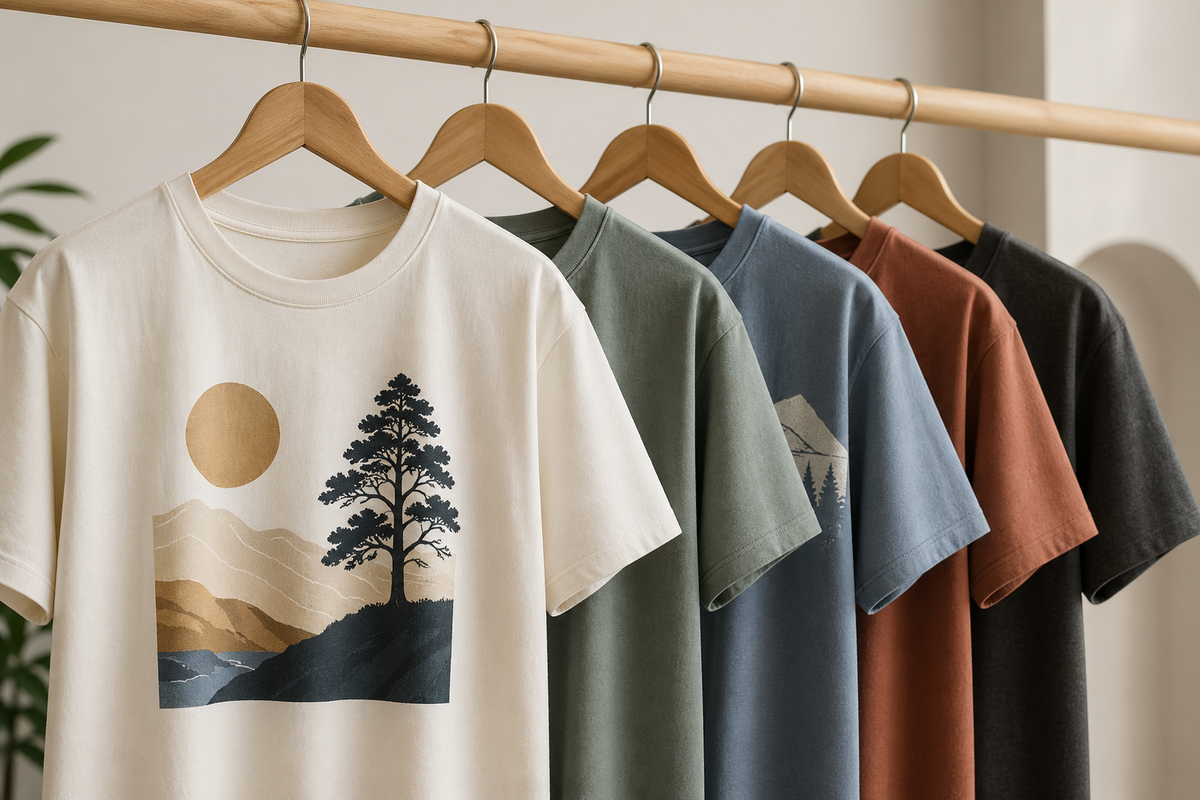 Several premium cotton graphic T-shirts hanging on a rack in soft studio light
