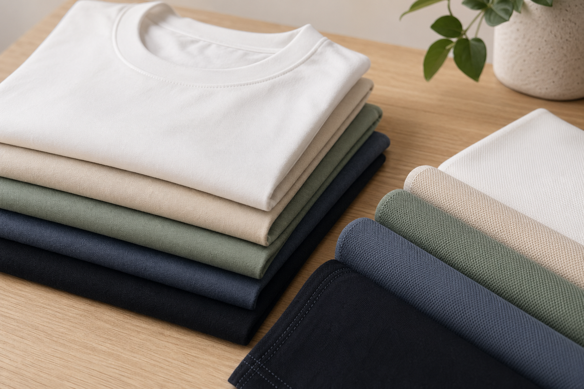 Folded cotton t-shirts on a table with visible fabric texture and stitching details.