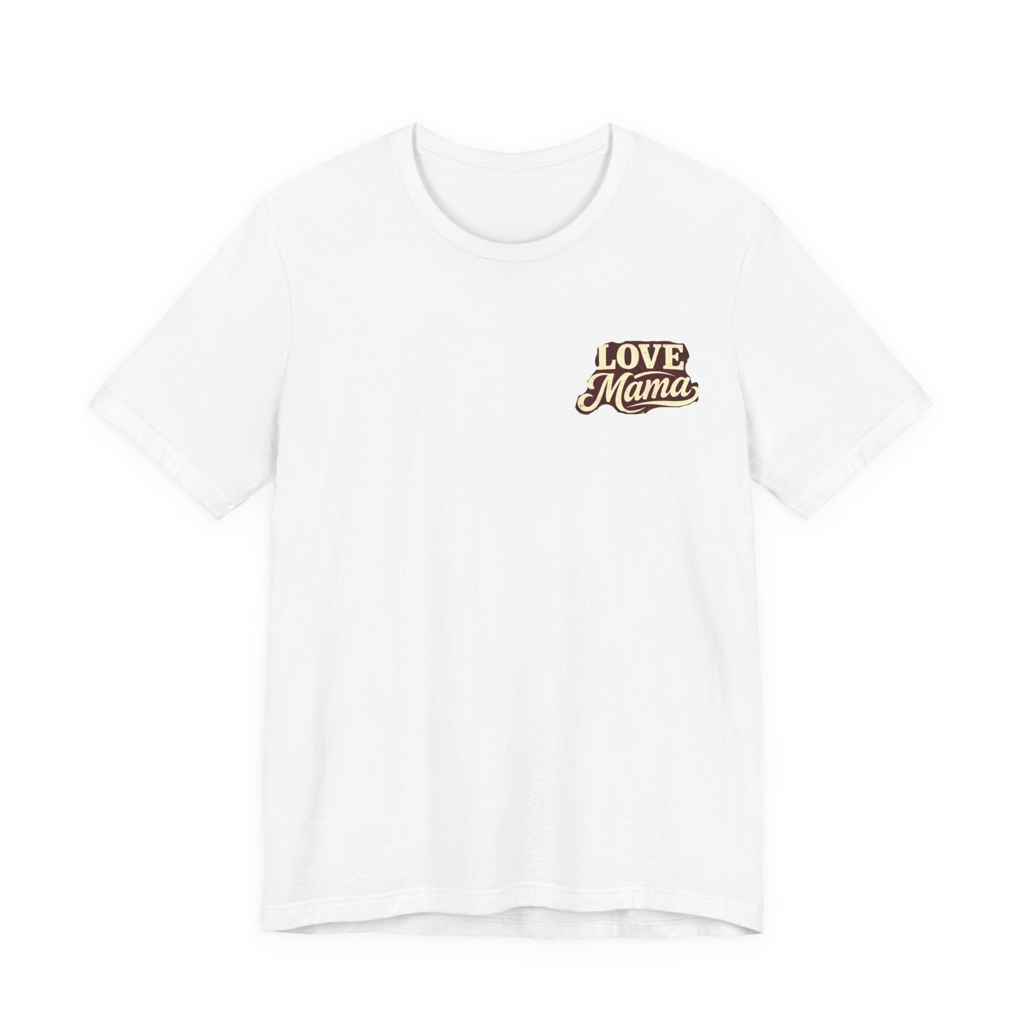 Cool Mom Club retro mom T-shirt with Love Mama chest script and vintage back graphic on soft cotton crew neck tee