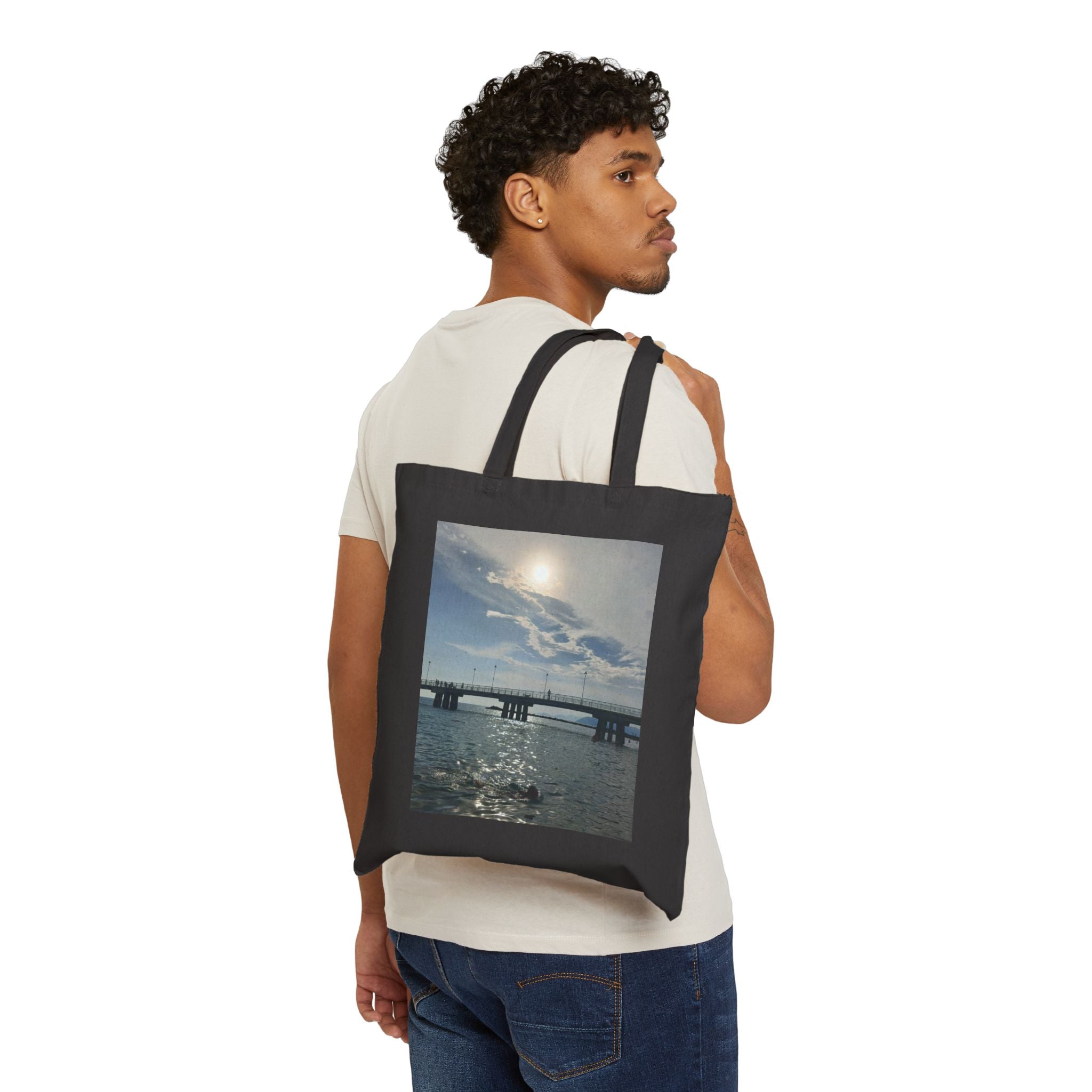 Sunset Pier Canvas Tote Bag — Coastal Beach Scene Reusable Tote