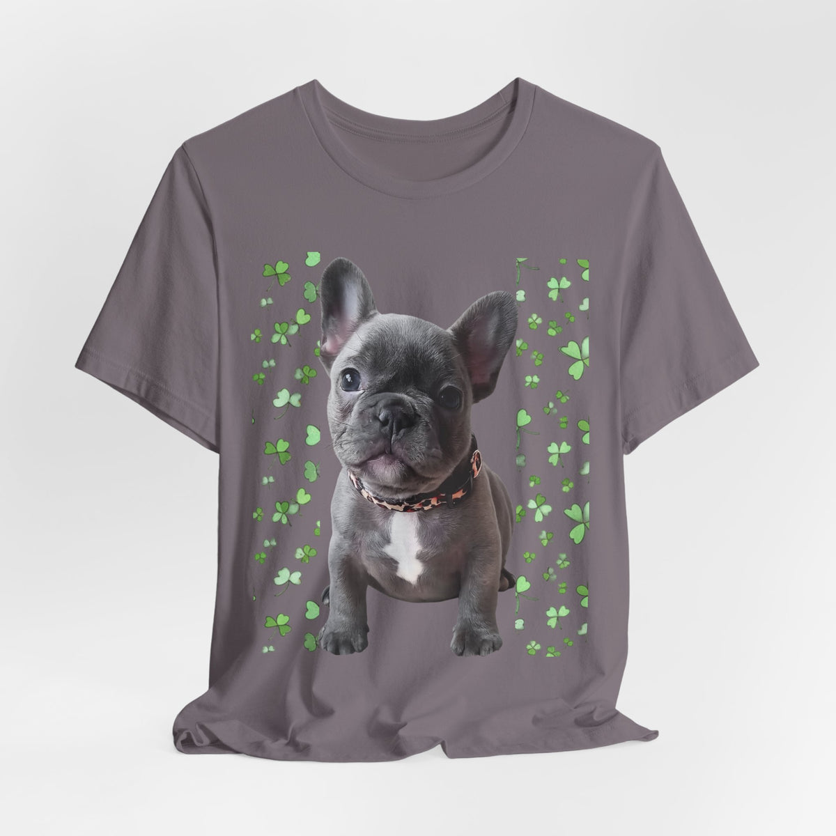 French Bulldog Tee — Cute Puppy with Shamrock Background