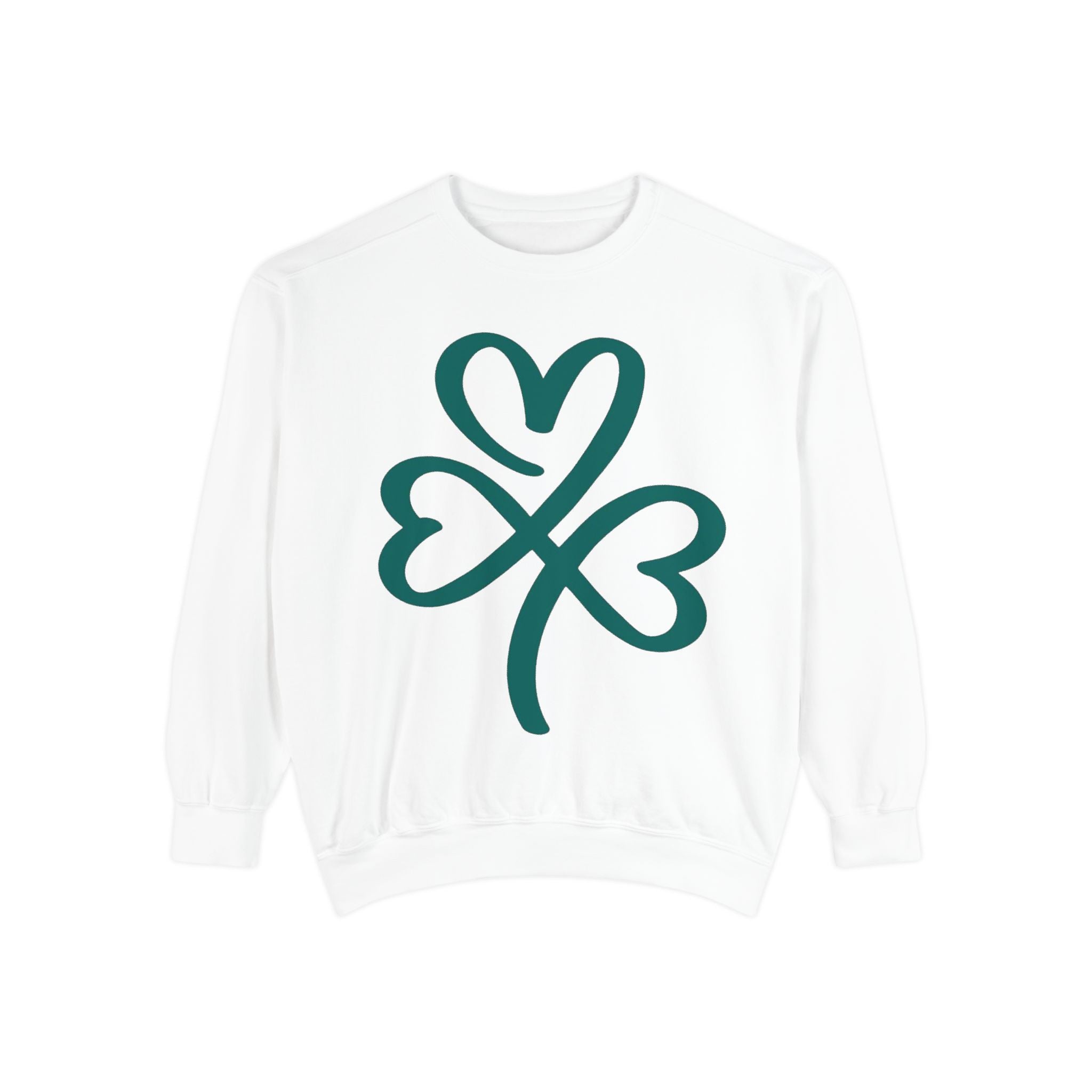 Shamrock Heart Sweatshirt with deep green three-heart clover graphic on a relaxed unisex cotton blend pullover