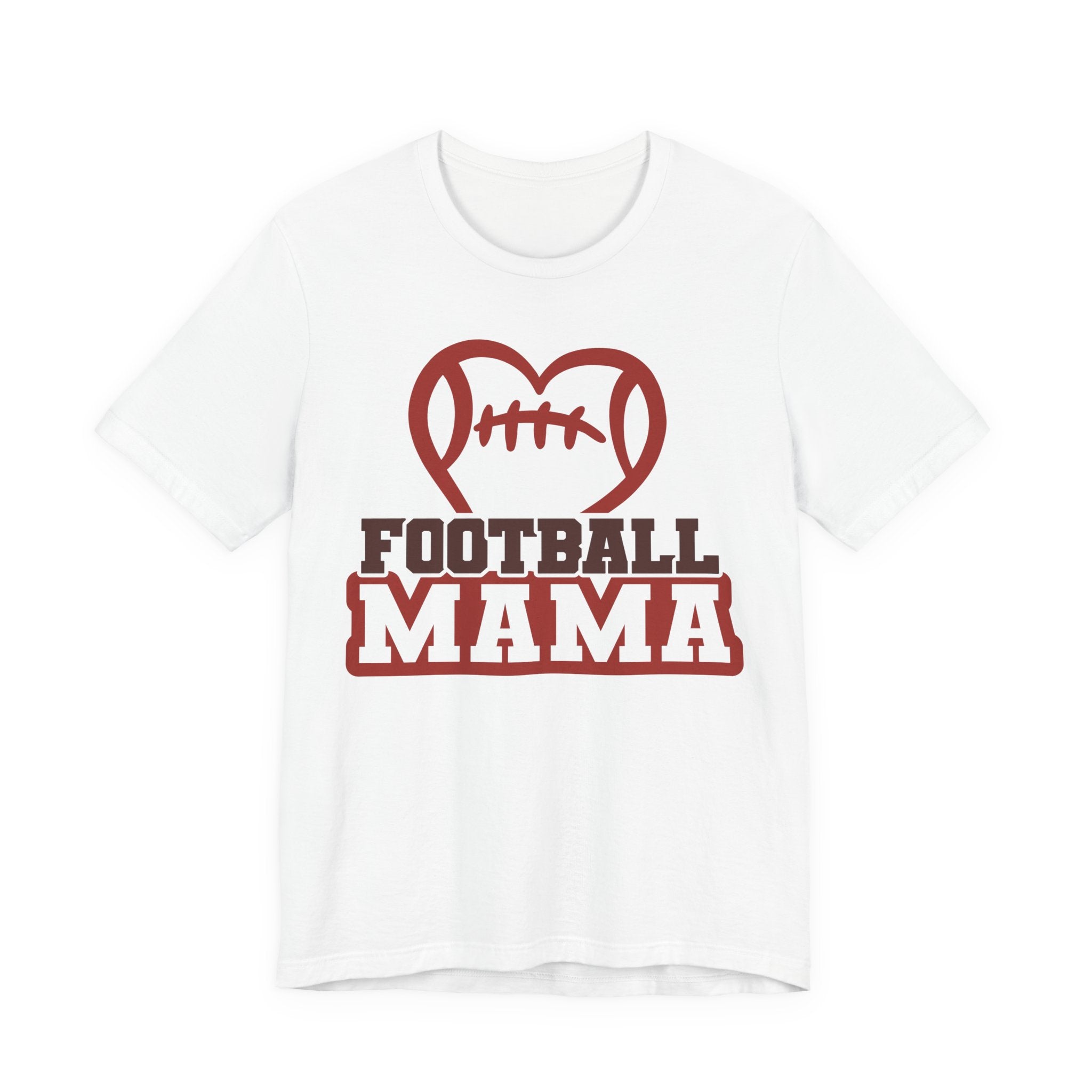 Football Mama T-Shirt in white with heart football graphic, crew neck, lightweight cotton game day mom tee