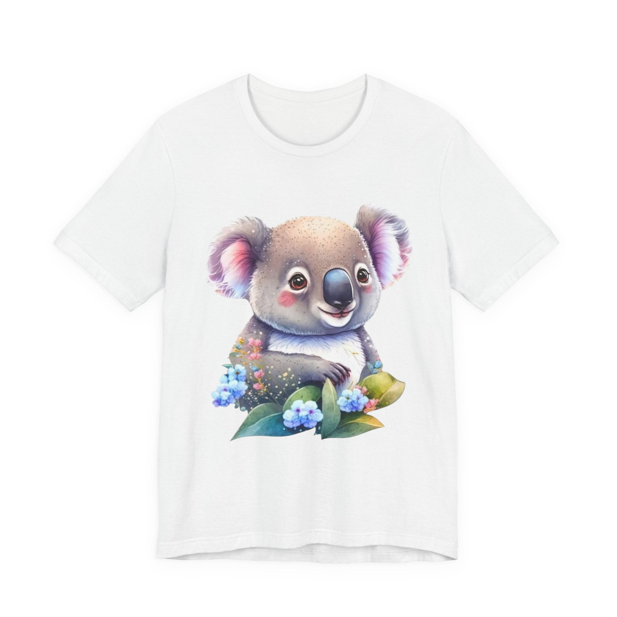 Cute Koala Graphic Tee with baby koala illustration, blue flowers, crew neck, and soft cotton unisex T-shirt