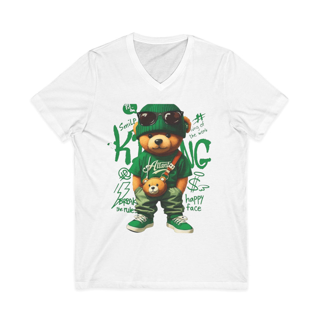 Bear King V-neck tee in white cotton with green and brown urban teddy bear graphic on the front