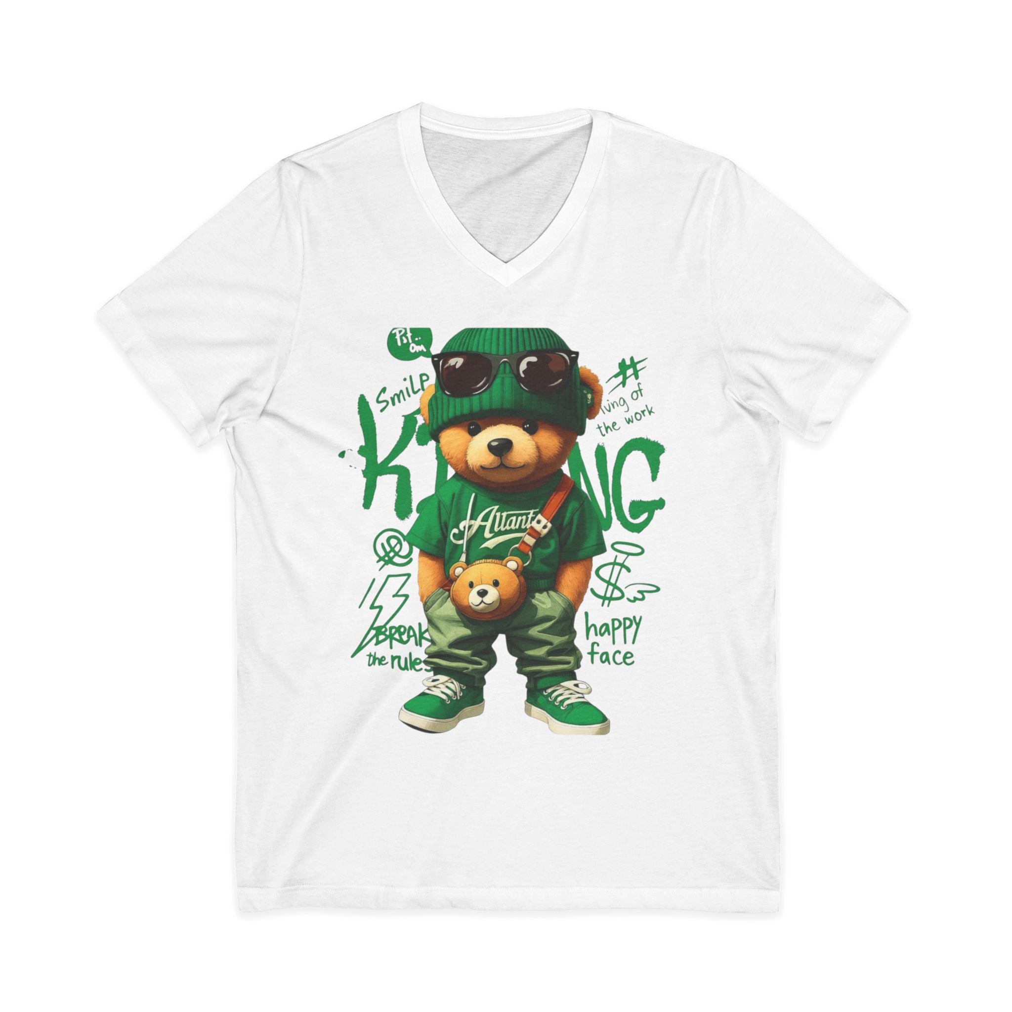 Bear King V-neck tee in white cotton with green and brown urban teddy bear graphic on the front