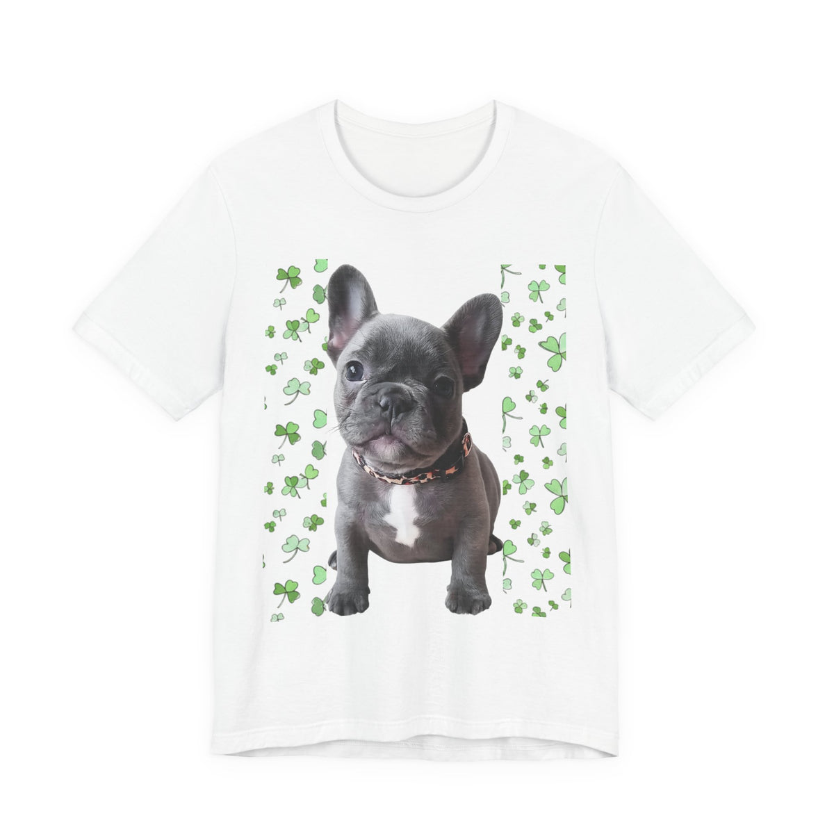 French Bulldog Tee — Cute Puppy with Shamrock Background