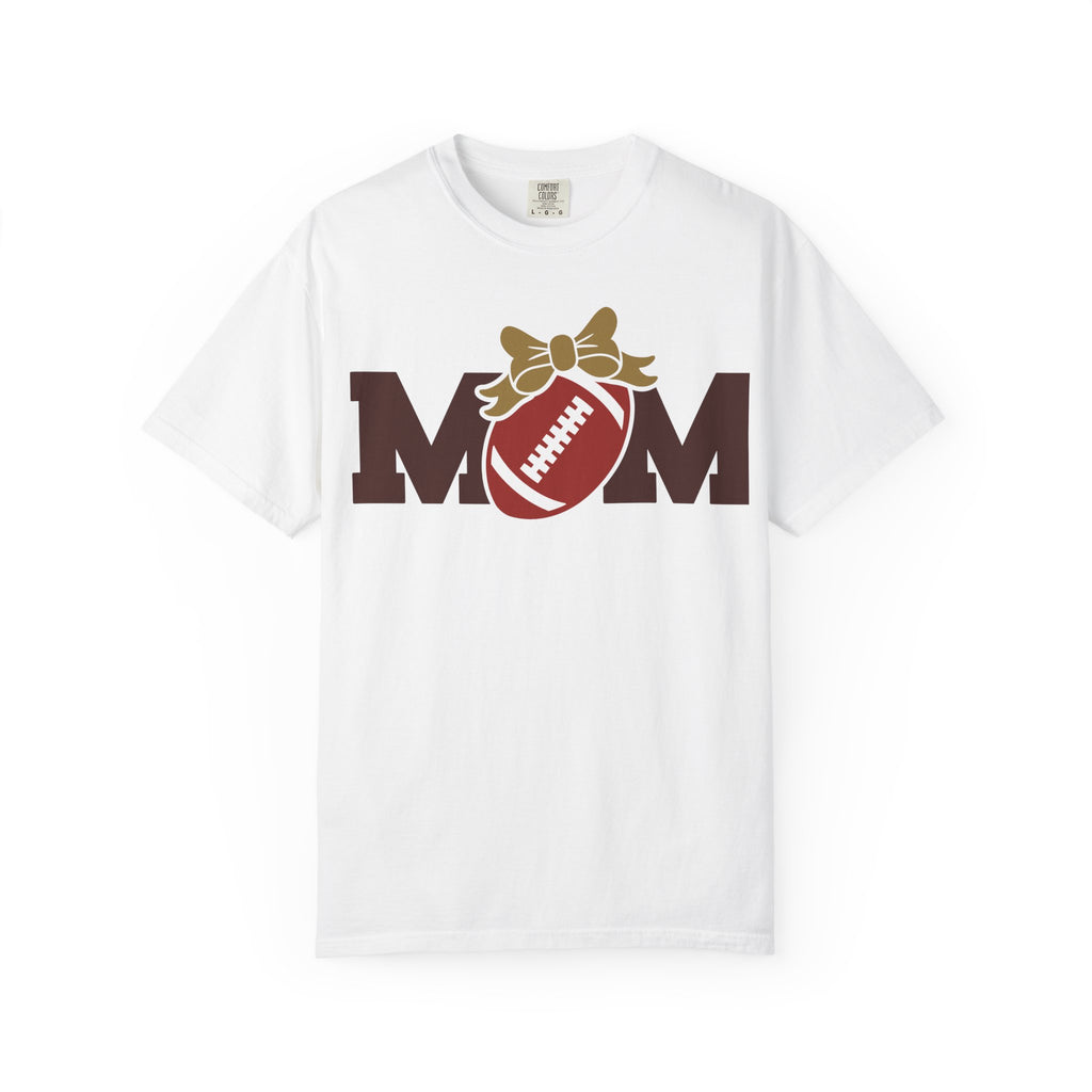 Mom Football T-Shirt with MOM graphic, football-shaped O, bow detail, and relaxed garment-dyed unisex fit