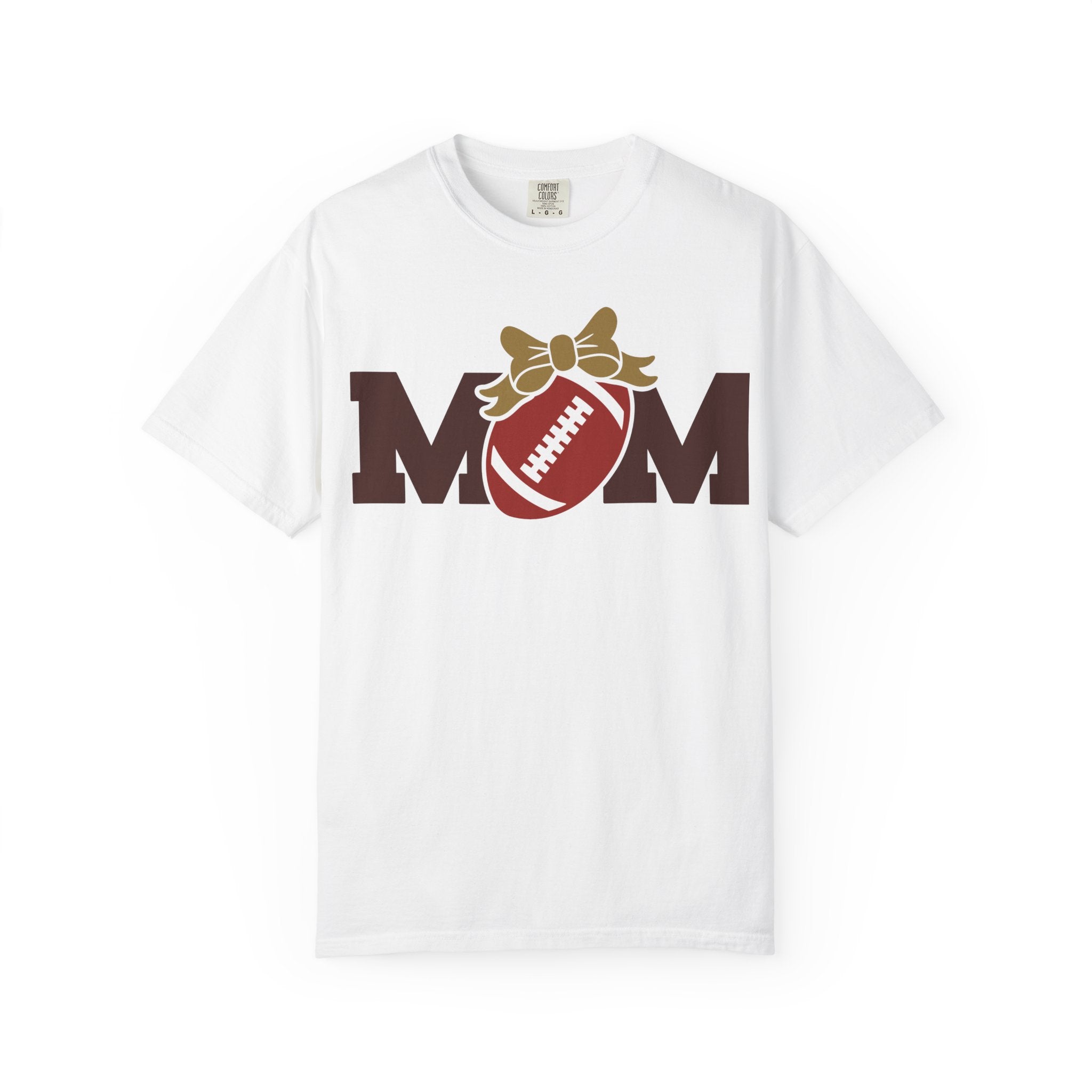 Mom Football T-Shirt with MOM graphic, football-shaped O, bow detail, and relaxed garment-dyed unisex fit