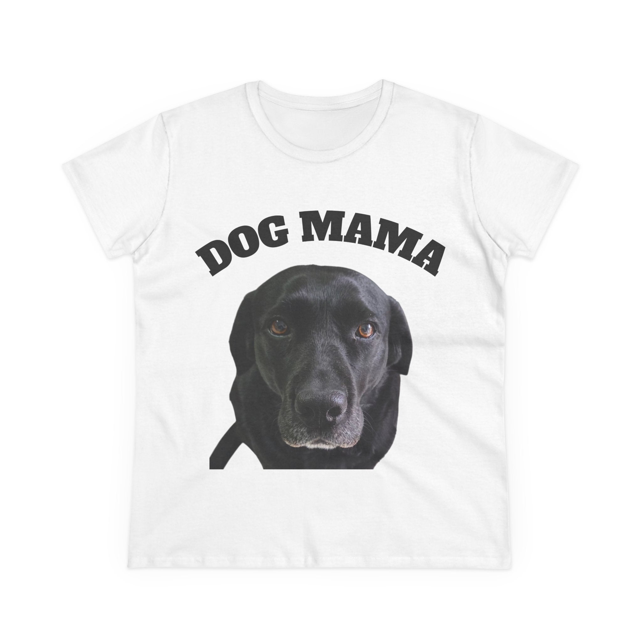 Dog Mama women's cotton T-shirt with black Lab portrait, crew neck, semi-fitted cut, and bold graphic print