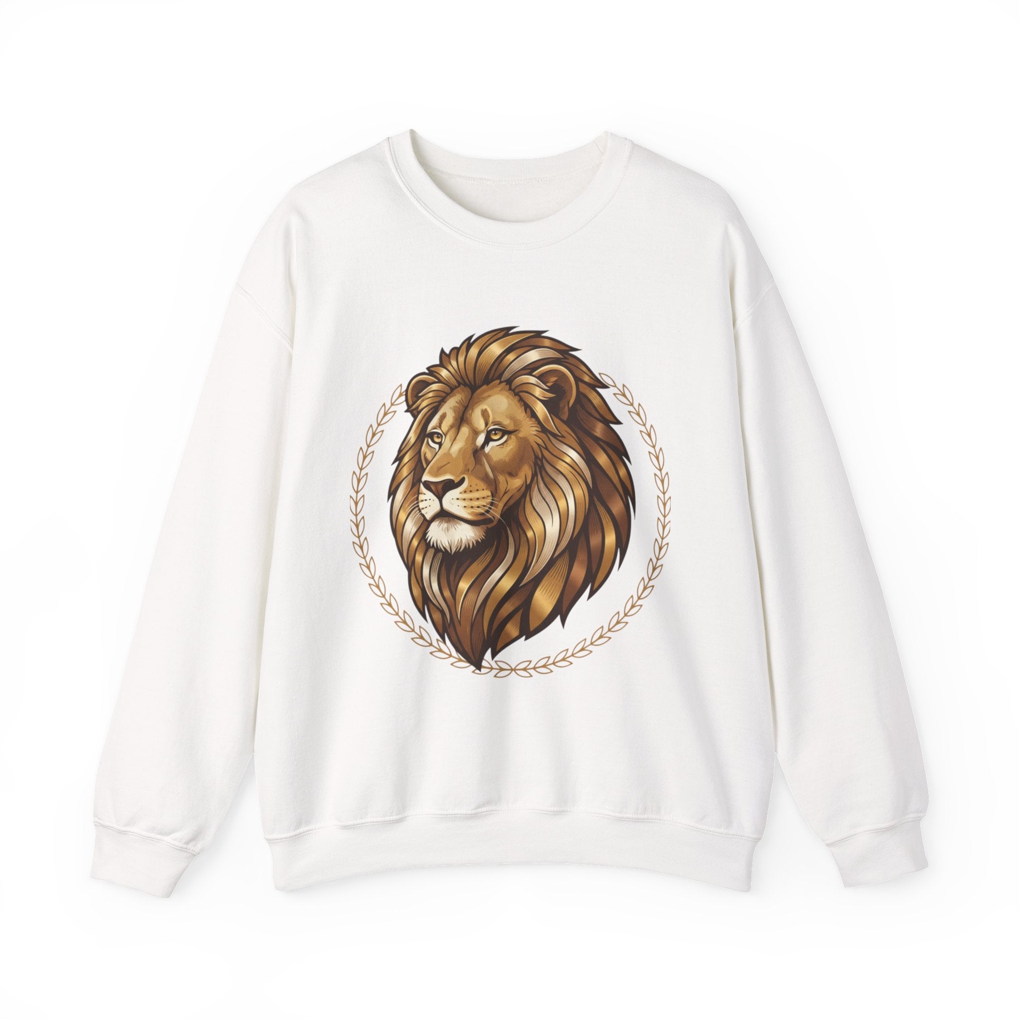 Lion Crest crewneck sweatshirt with centered lion portrait graphic in gold and brown tones on an ivory background