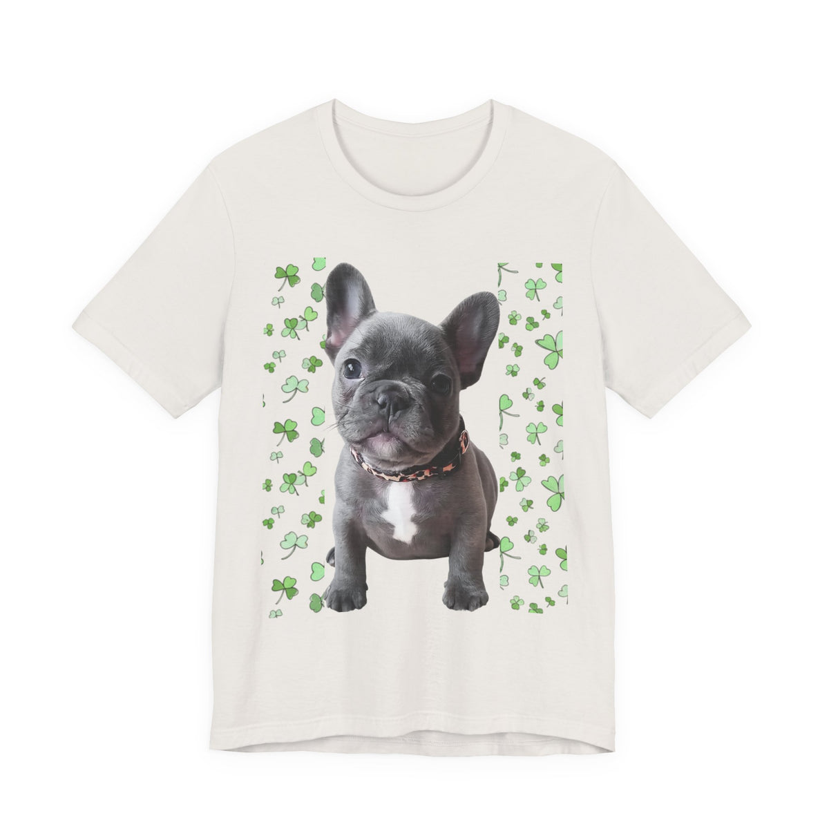 French Bulldog Tee — Cute Puppy with Shamrock Background