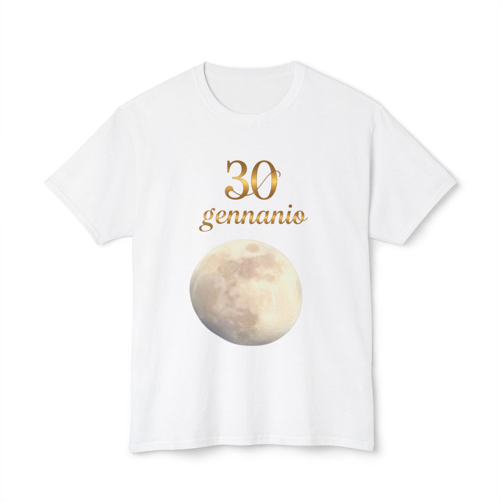 30 Gennaio moon graphic birthday T-Shirt with muted watercolor moon and gold script text on cotton unisex tee