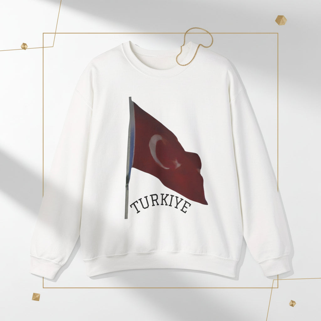 Türkiye flag crewneck sweatshirt with Turkish flag chest graphic, unisex fleece pullover