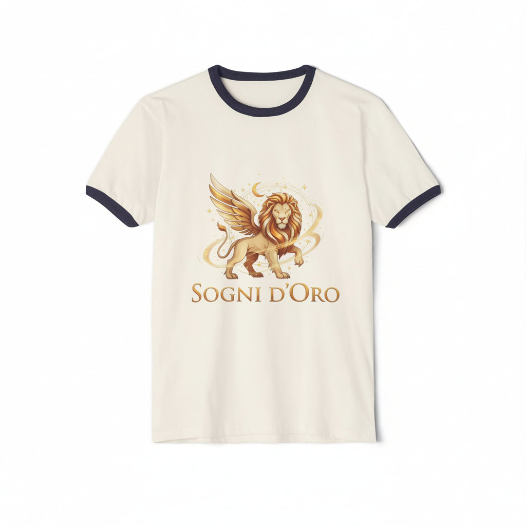 Ringer T-Shirt with golden winged lion graphic, contrast collar and sleeve bands, soft cotton casual fit