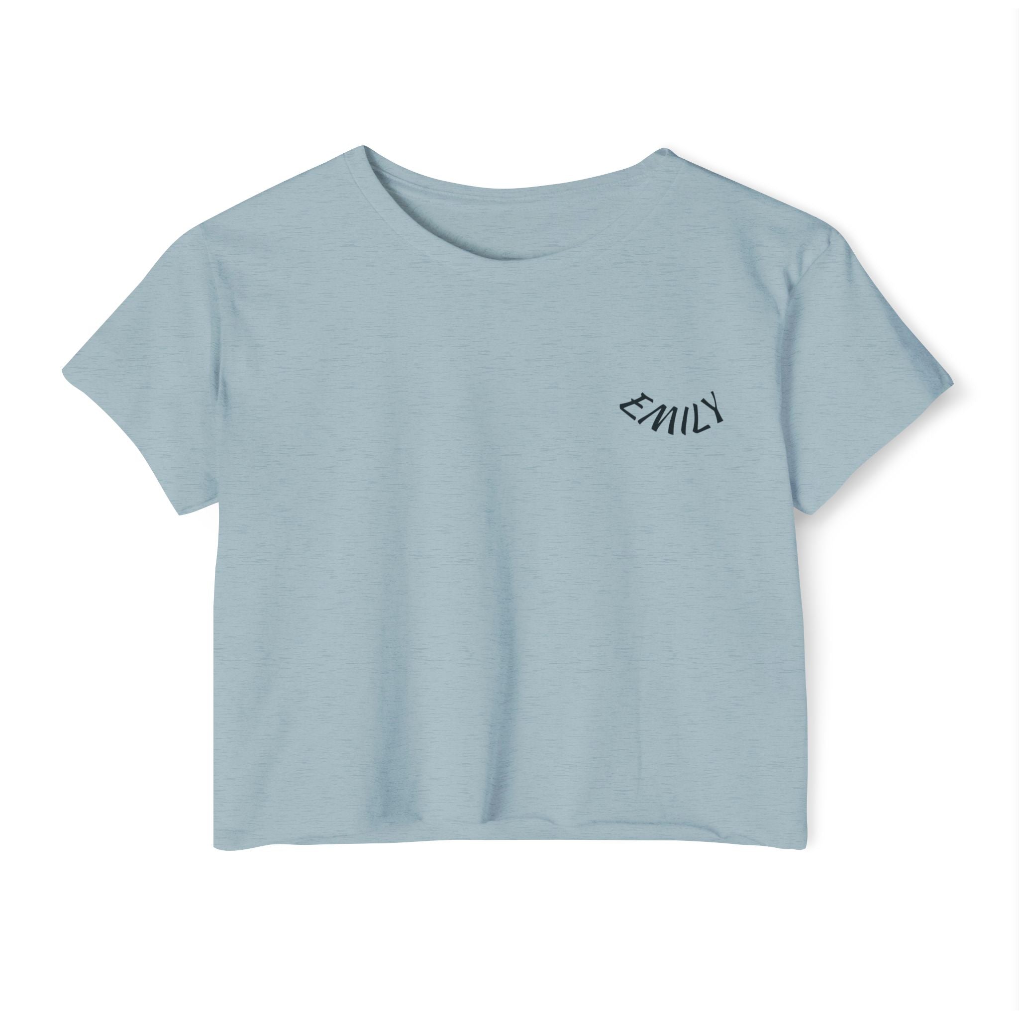 Crop Top — Minimal White Festival Crop with Curved 'Emily' Chest Text