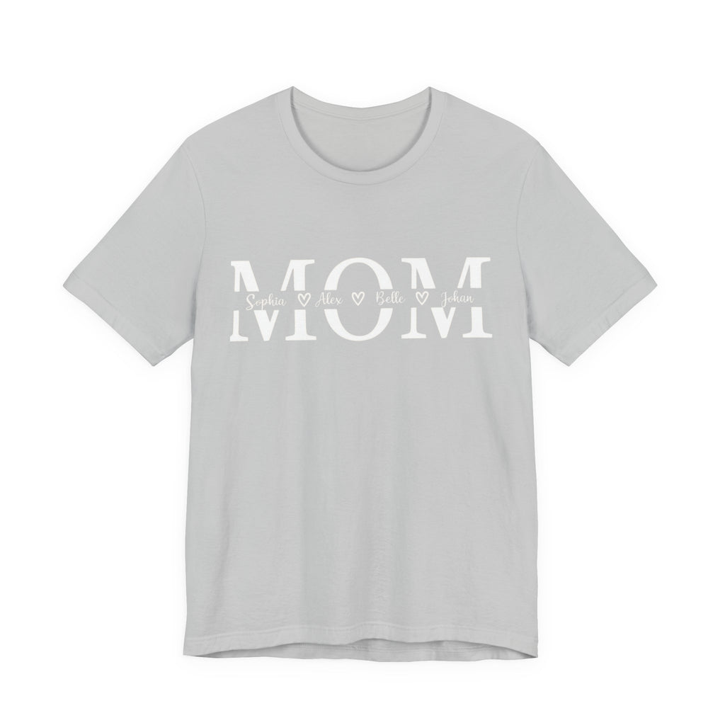 Mom Heart Repeat T-Shirt with layered MOM text, small hearts, crew neck, soft cotton unisex fit