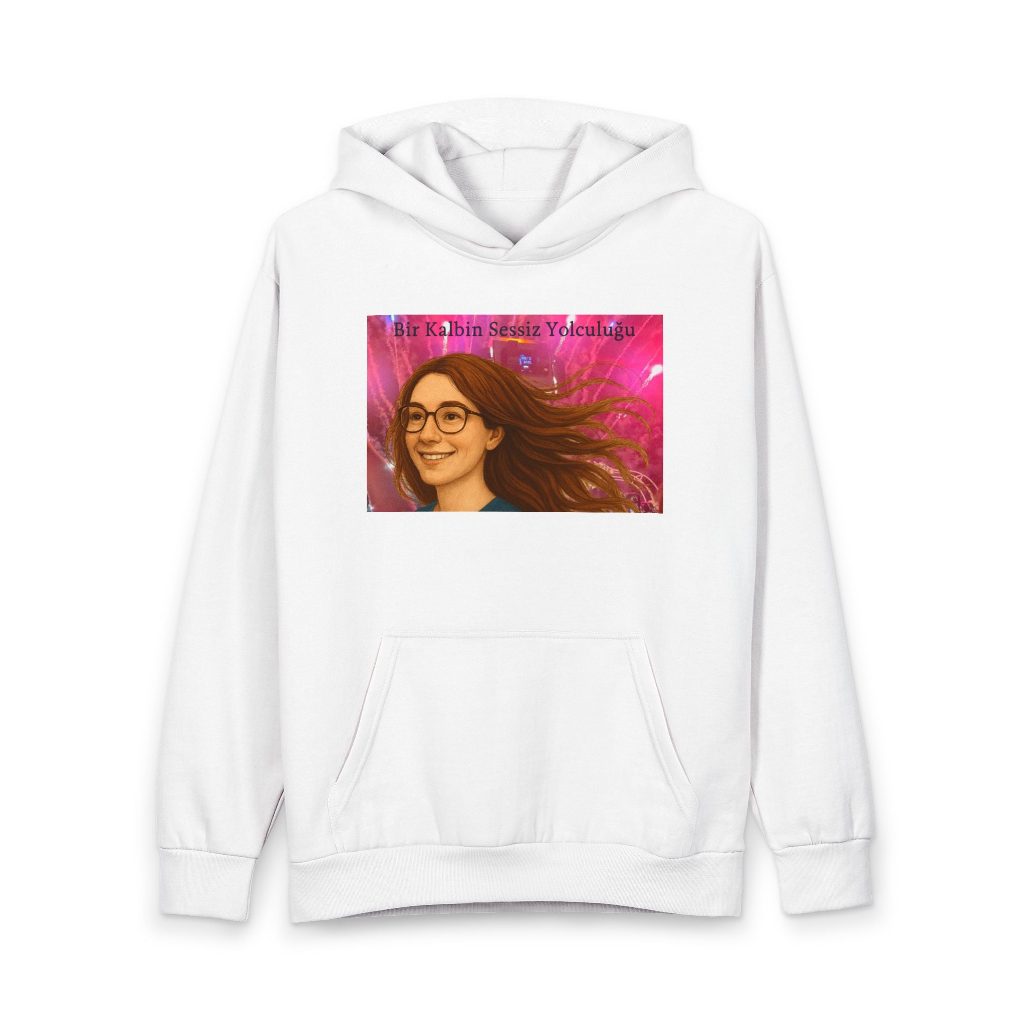 Fireworks Photo Hoodie with small chest print, large back graphic, oversized fit, kangaroo pocket, and double-layer hood