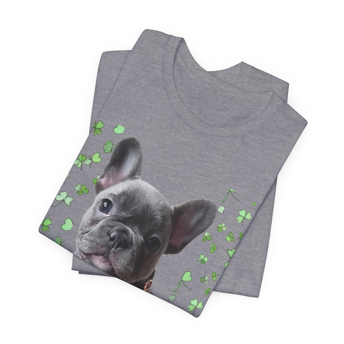 French Bulldog Tee — Cute Puppy with Shamrock Background
