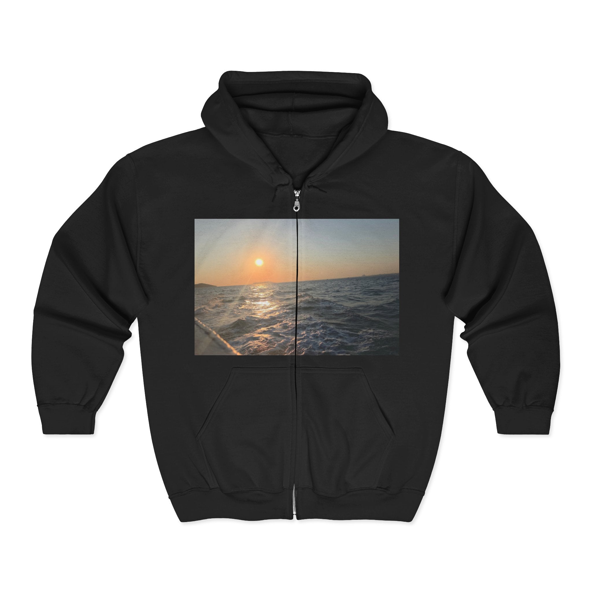 Sunset Sea Zip Hoodie with chest wave photo, golden crescent back graphic, full zipper, hood, and front pockets