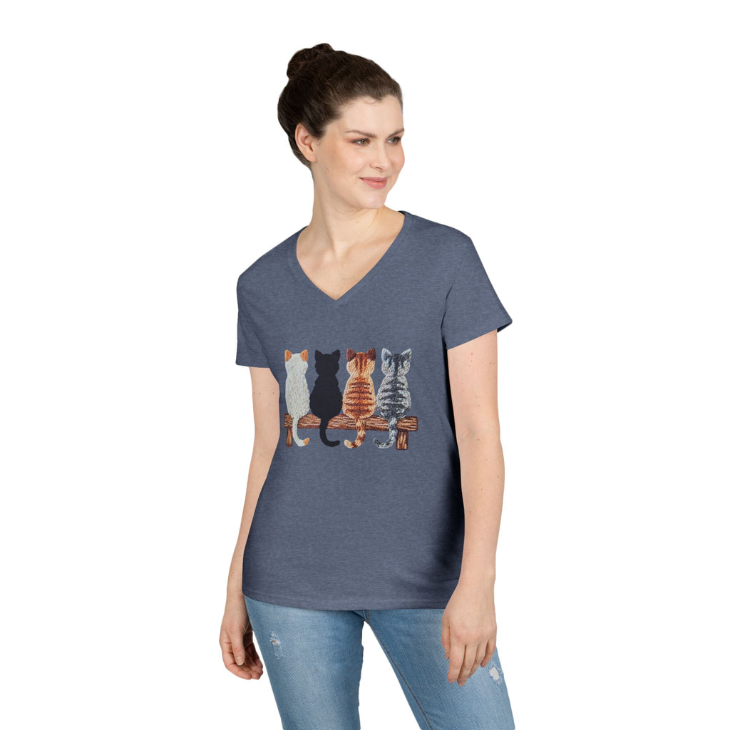 Cute Cats Sitting On A Fence Women’s V-Neck T-Shirt