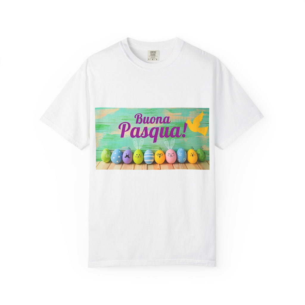 Buona Pasqua Easter T-shirt with pastel hand-drawn eggs, relaxed fit, garment-dyed cotton crew neck tee