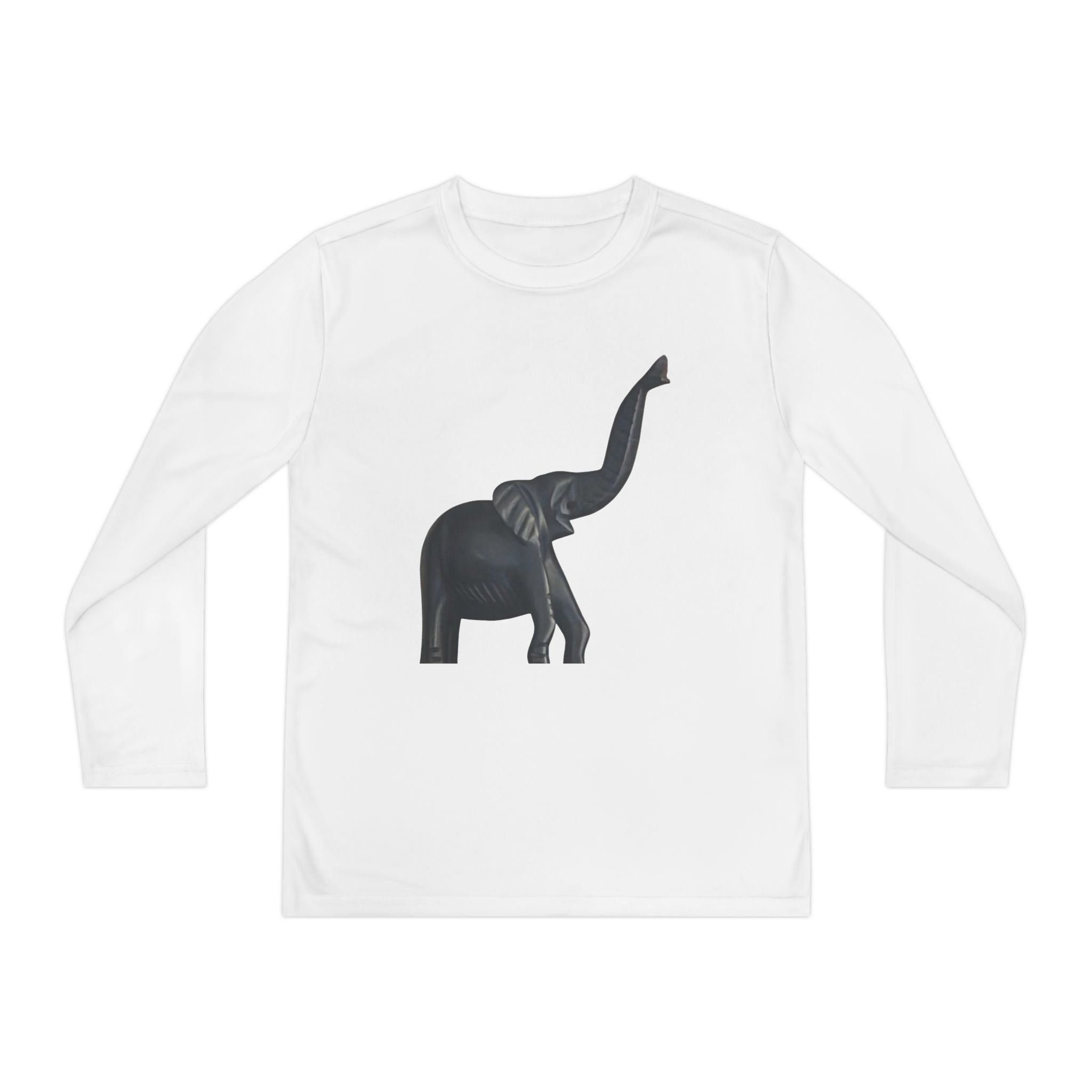 Youth long sleeve elephant graphic tee in quick-dry polyester with athletic fit for active kids