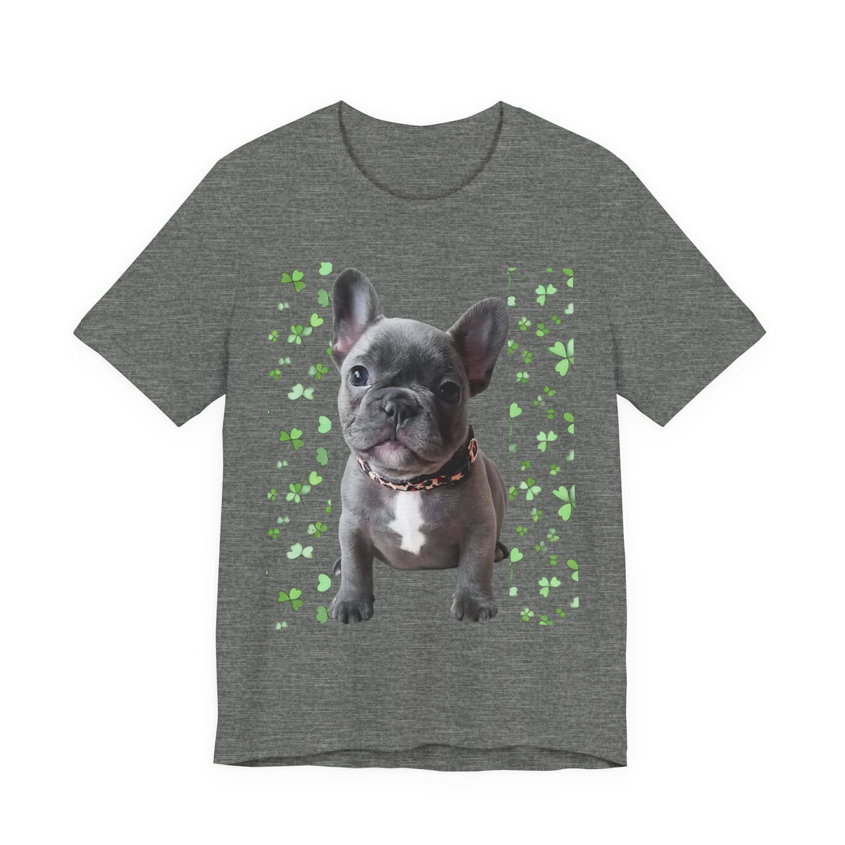 French Bulldog Tee — Cute Puppy with Shamrock Background