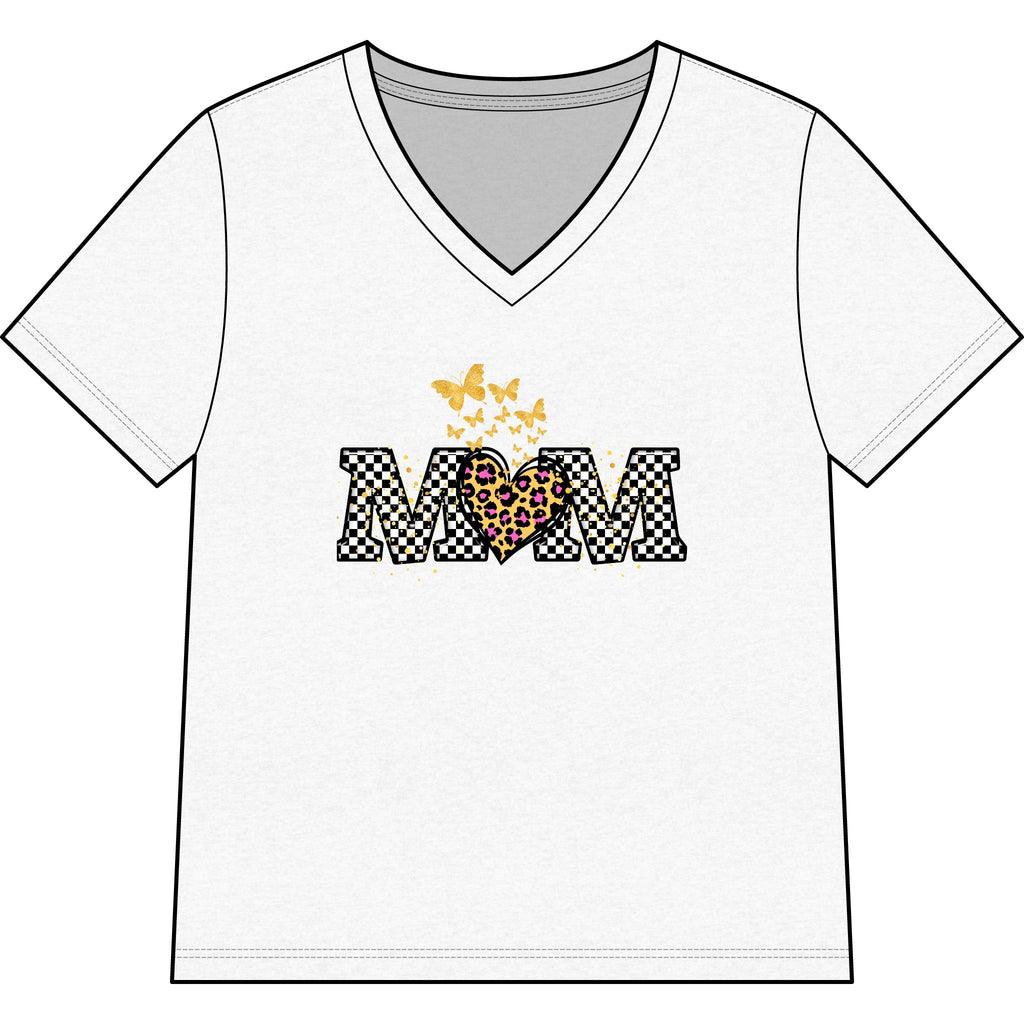 Mom V-neck T-shirt with checkered MOM text, leopard heart, and golden butterflies on a relaxed women's tee
