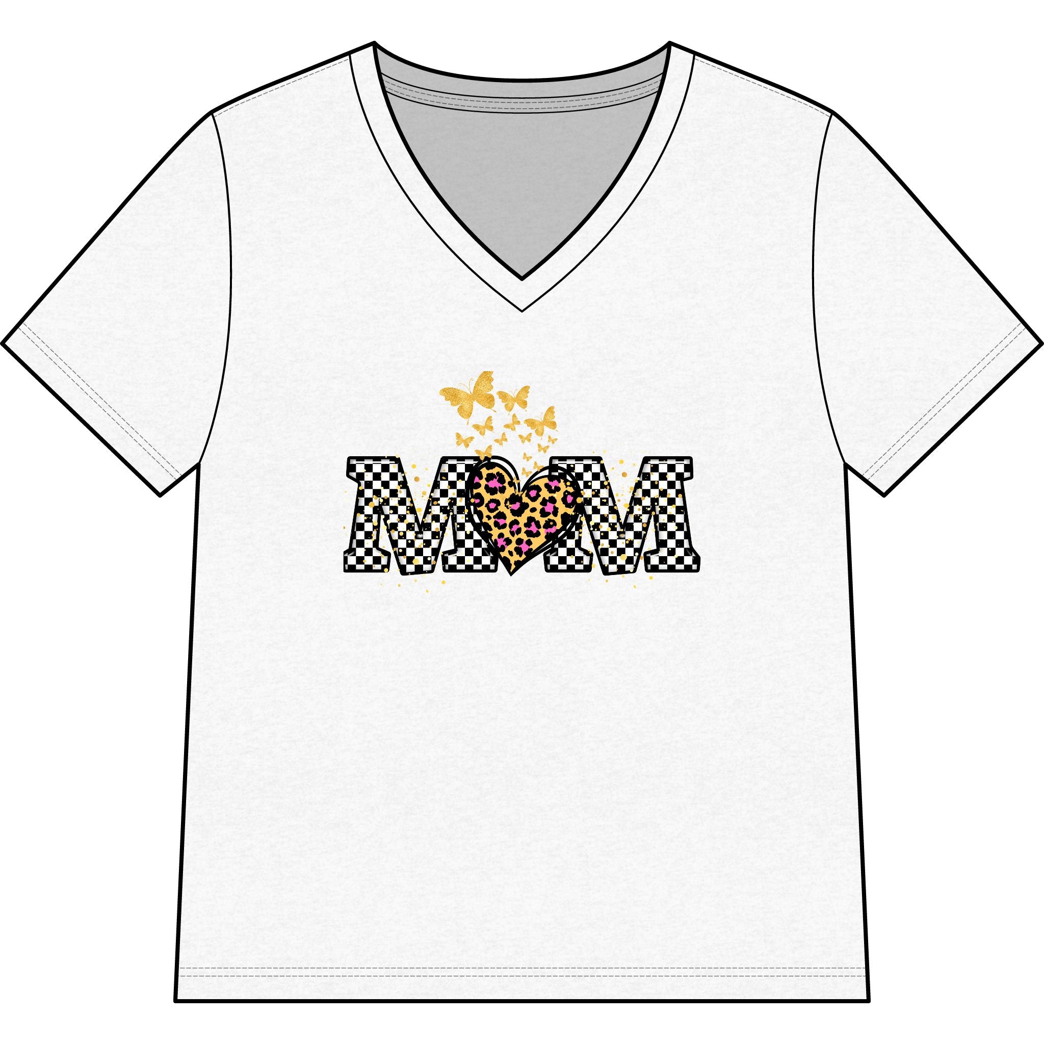 Mom V-neck T-shirt with checkered MOM text, leopard heart, and golden butterflies on a relaxed women's tee