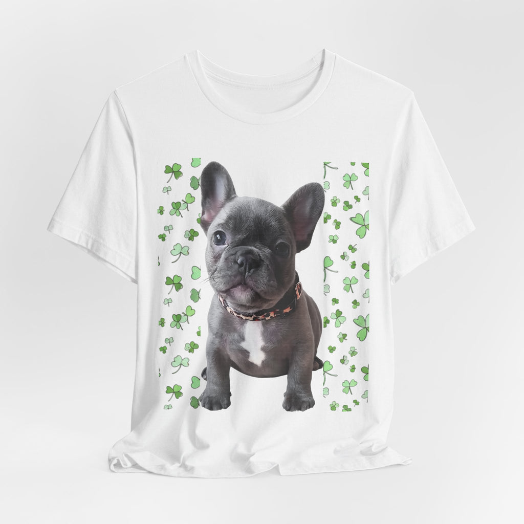 French Bulldog Tee — Cute Puppy with Shamrock Background