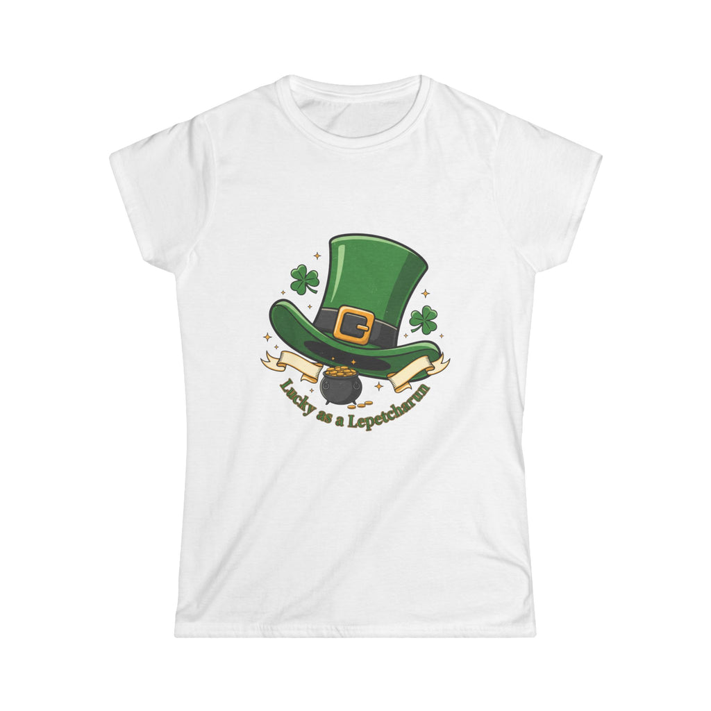 Lucky as a Leprechaun women's cotton tee with hand-drawn leprechaun hat, clovers, crew neck, and slim fit