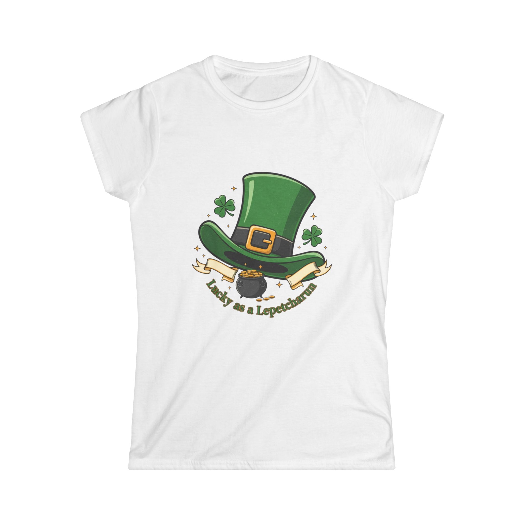 Lucky as a Leprechaun women's cotton tee with hand-drawn leprechaun hat, clovers, crew neck, and slim fit