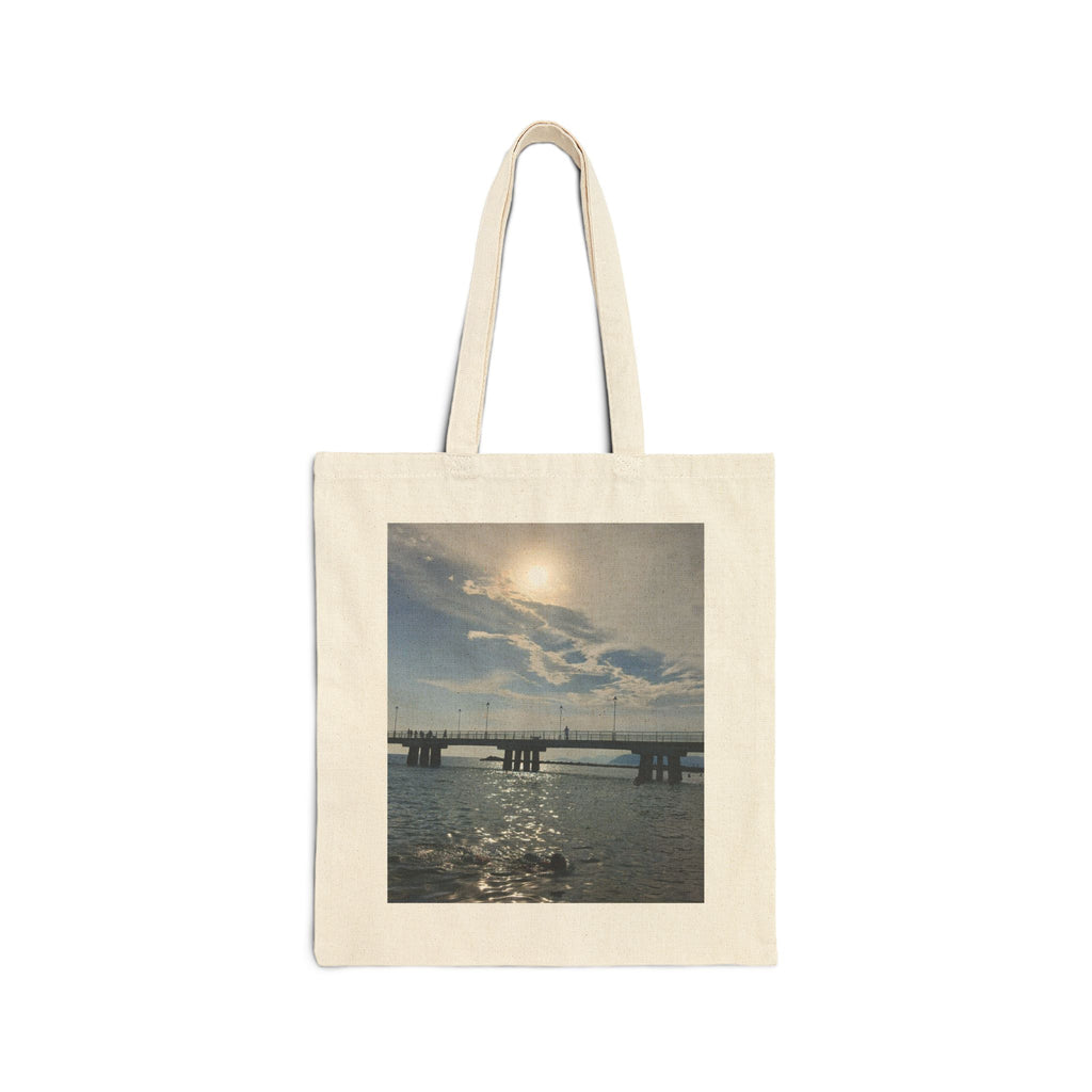 Sunset Pier Canvas Tote Bag — Coastal Beach Scene Reusable Tote