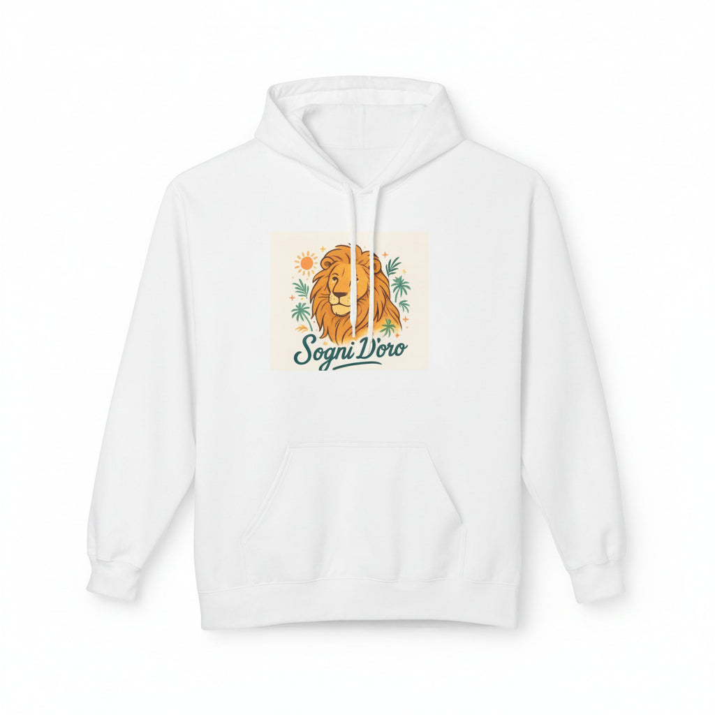 Retro lion graphic hoodie with midweight fleece, jersey-lined hood, and relaxed unisex pullover fit