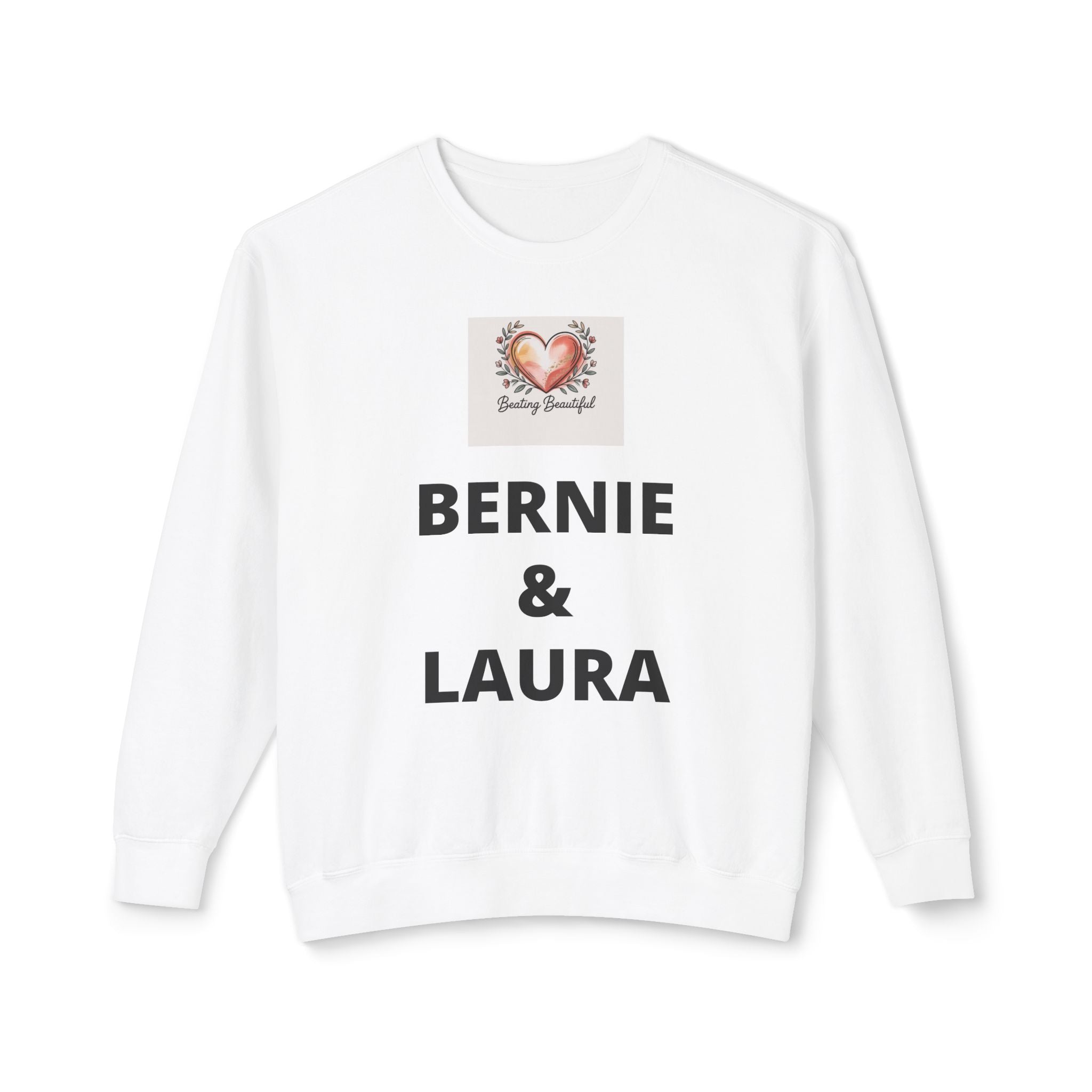 Personalized couples sweatshirt with custom names and heart graphic on a garment-dyed cotton crewneck
