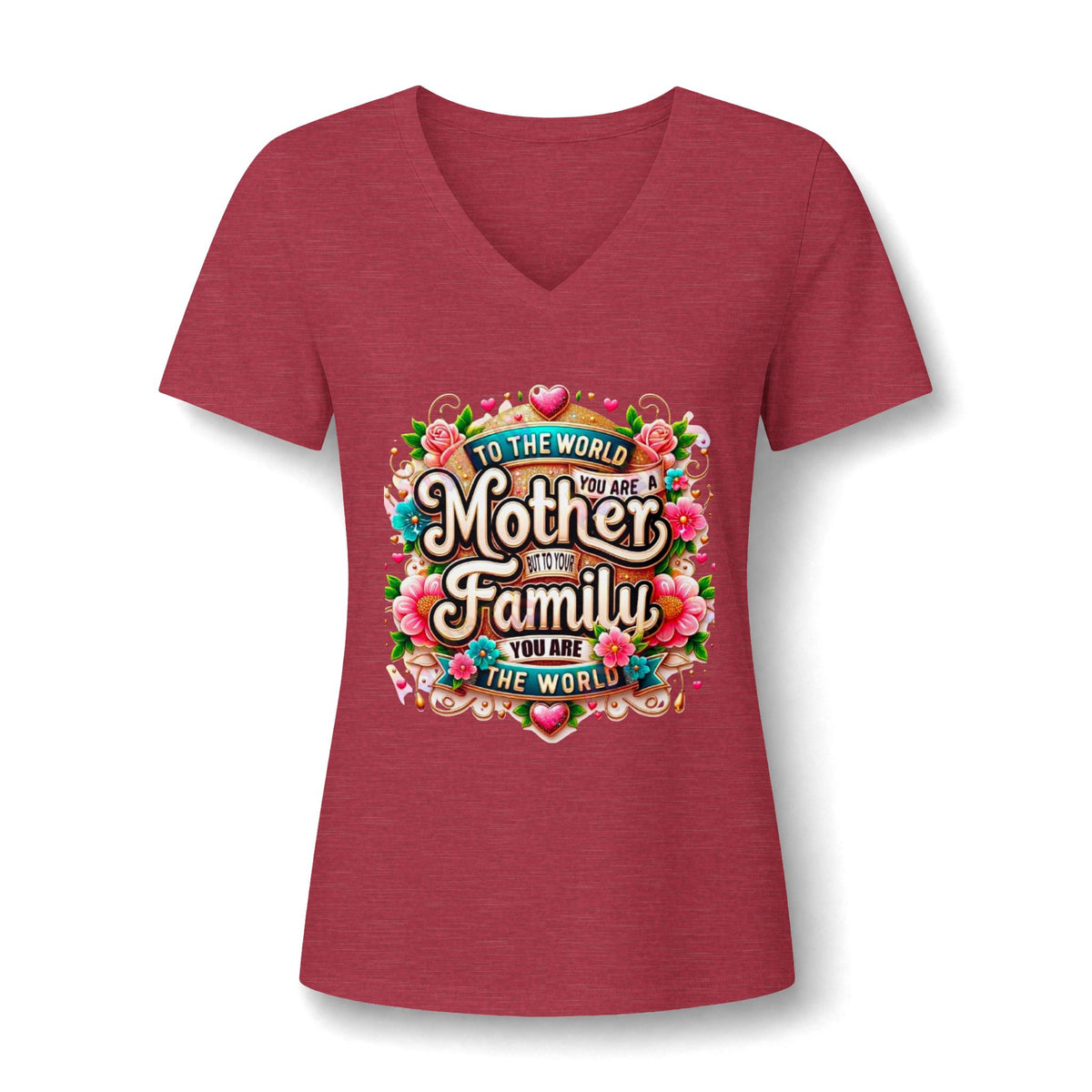 Mother of the Family V-Neck Tee – "To the World You Are a Mother" Floral Gift Shirt