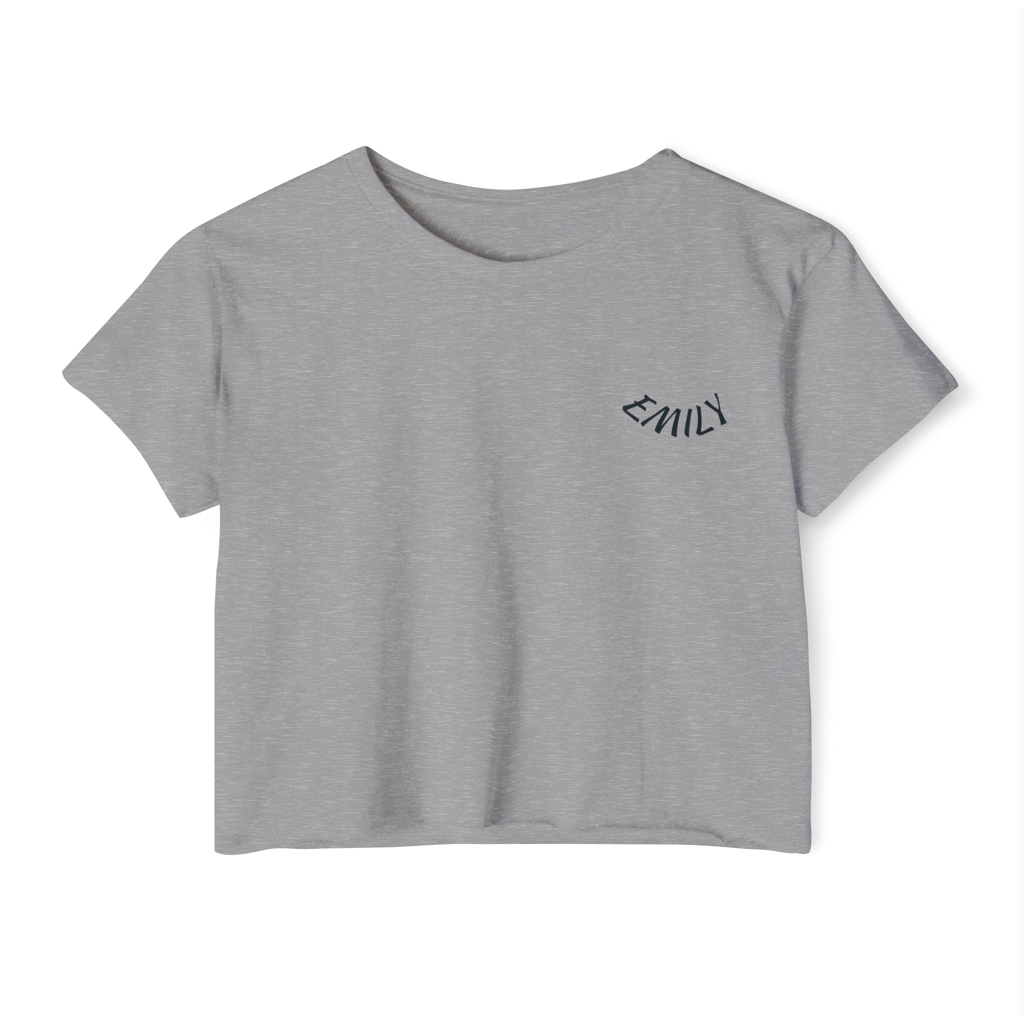 Crop Top — Minimal White Festival Crop with Curved 'Emily' Chest Text