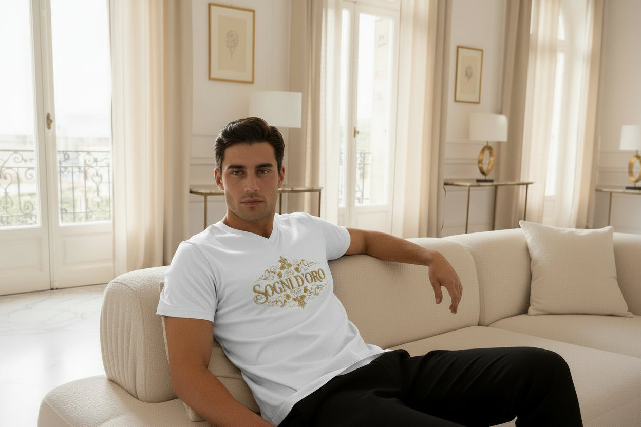 SOGNI D'ORO white cotton V-neck T-shirt with gold script chest print and retail fit