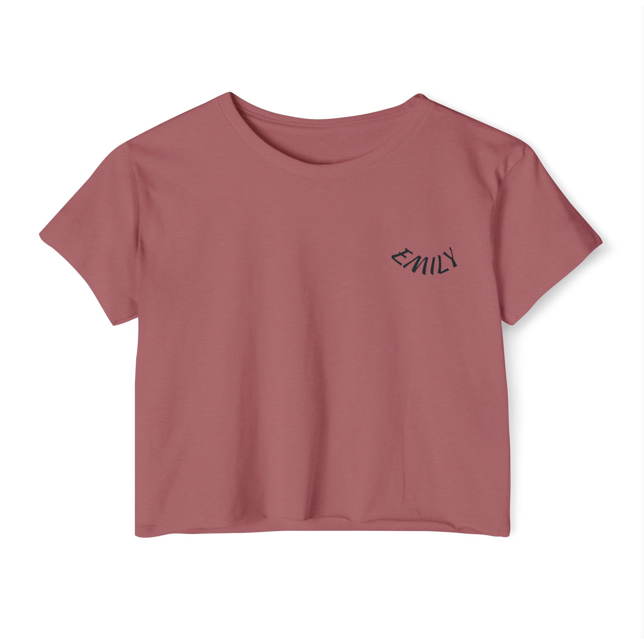 Crop Top — Minimal White Festival Crop with Curved 'Emily' Chest Text