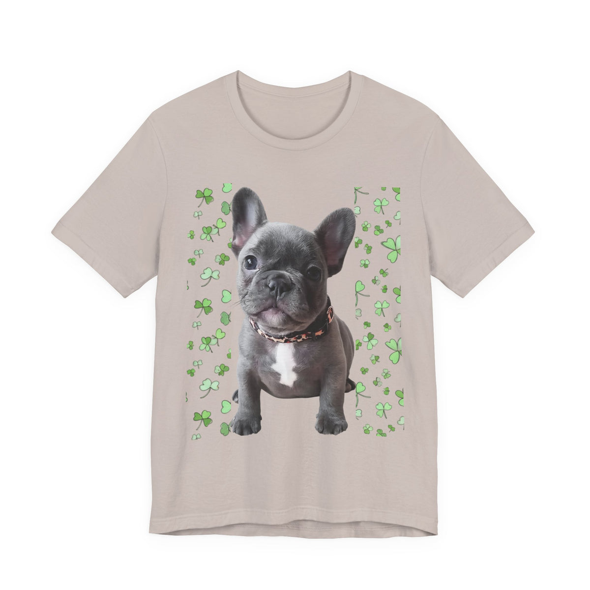 French Bulldog Tee — Cute Puppy with Shamrock Background