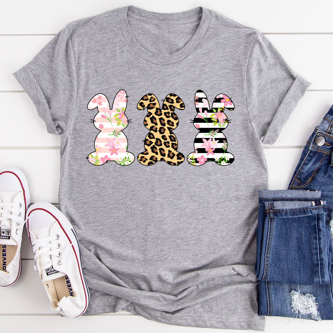 Floral Easter Bunnies T-Shirt with USA-made digital bunny print on 100% soft breathable cotton tee