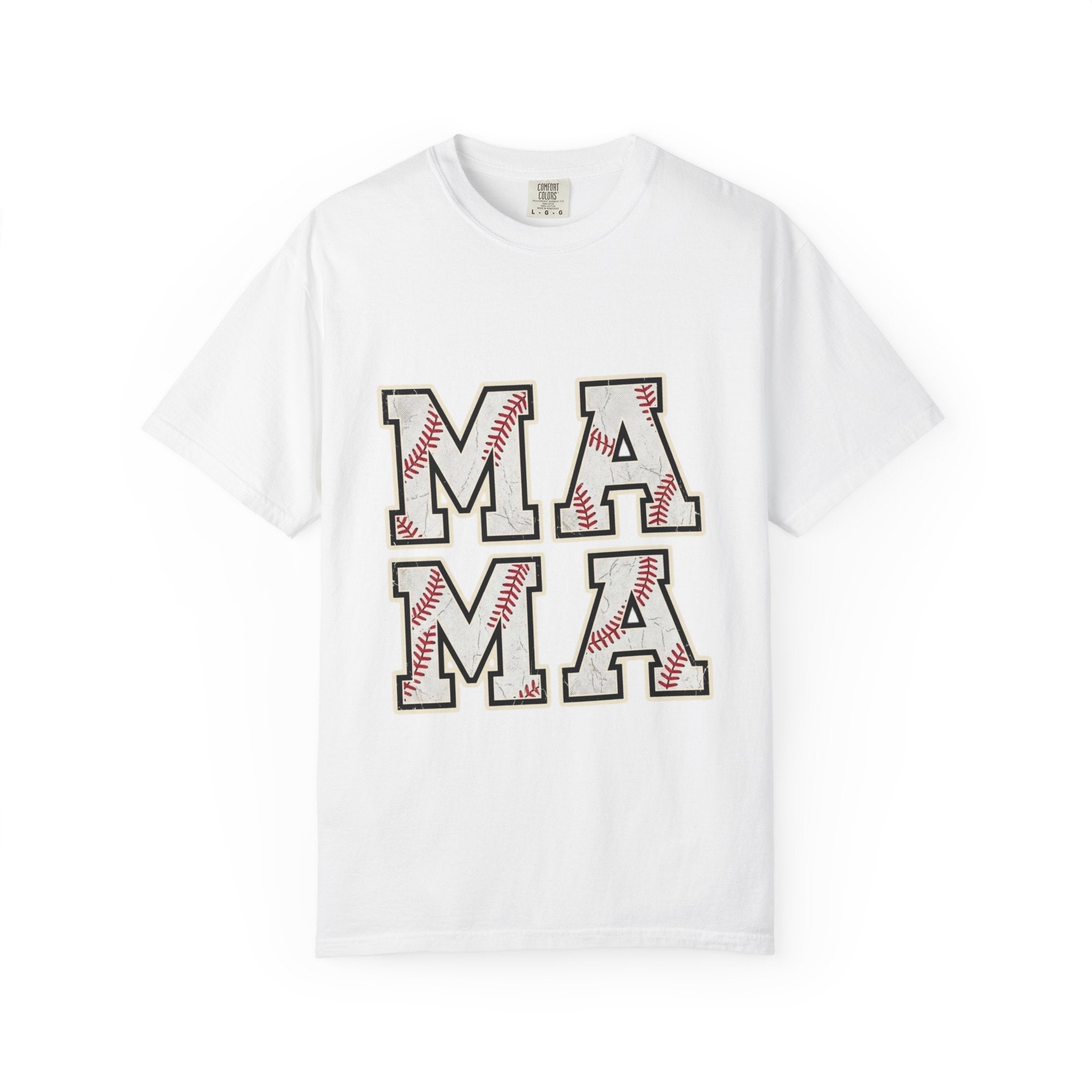 Mama Baseball T-Shirt with vintage stitch lettering on a relaxed-fit garment-dyed cotton crew neck tee