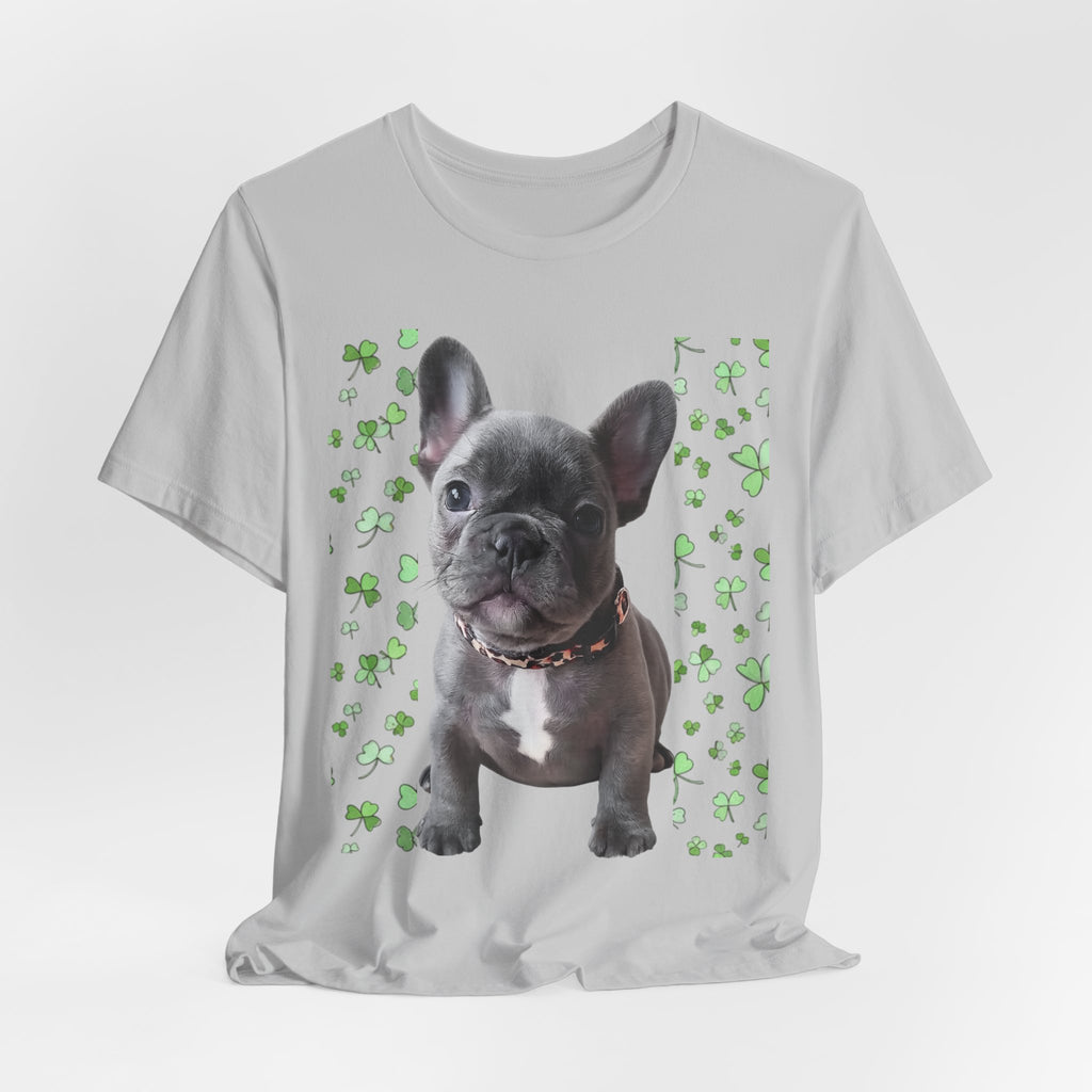 French Bulldog Tee — Cute Puppy with Shamrock Background