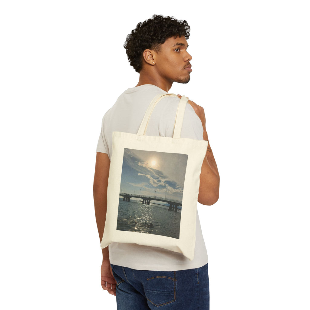 Sunset Pier Canvas Tote Bag — Coastal Beach Scene Reusable Tote