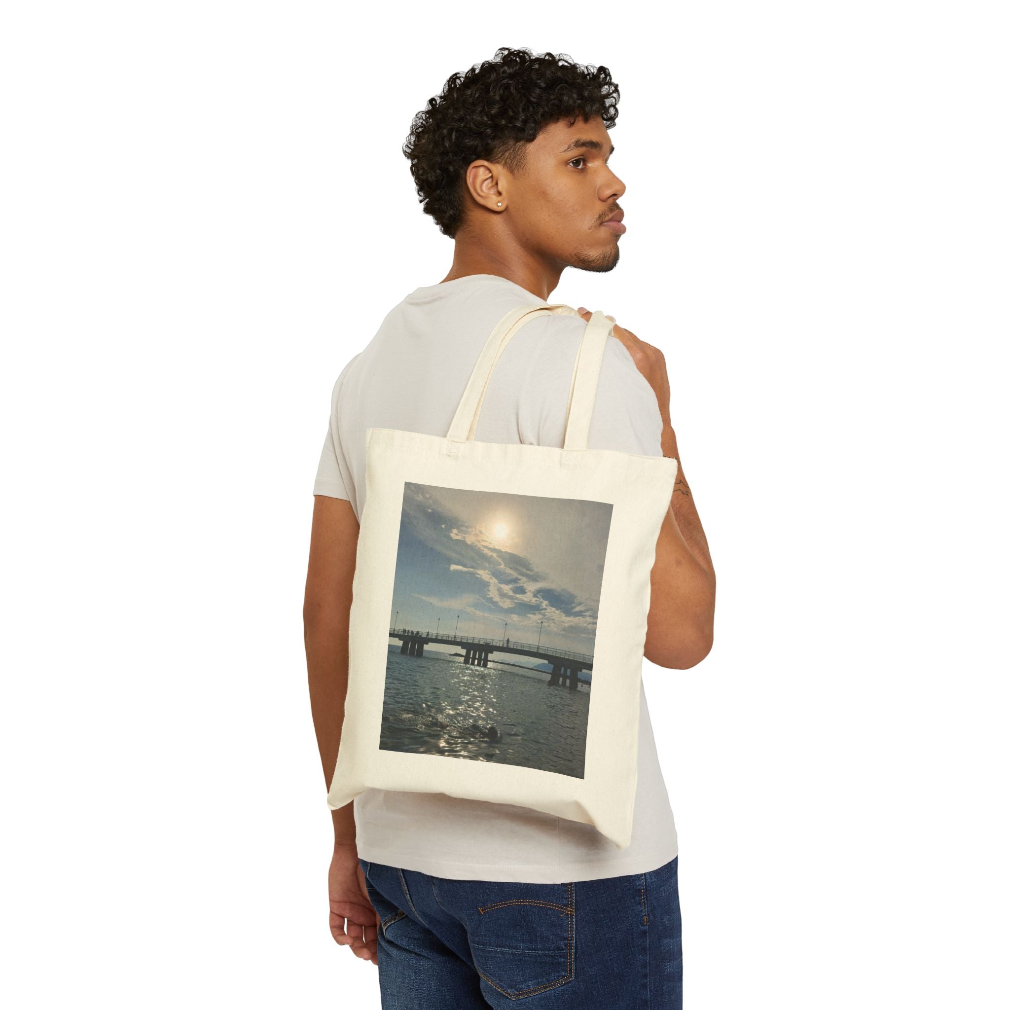 Sunset Pier Canvas Tote Bag — Coastal Beach Scene Reusable Tote