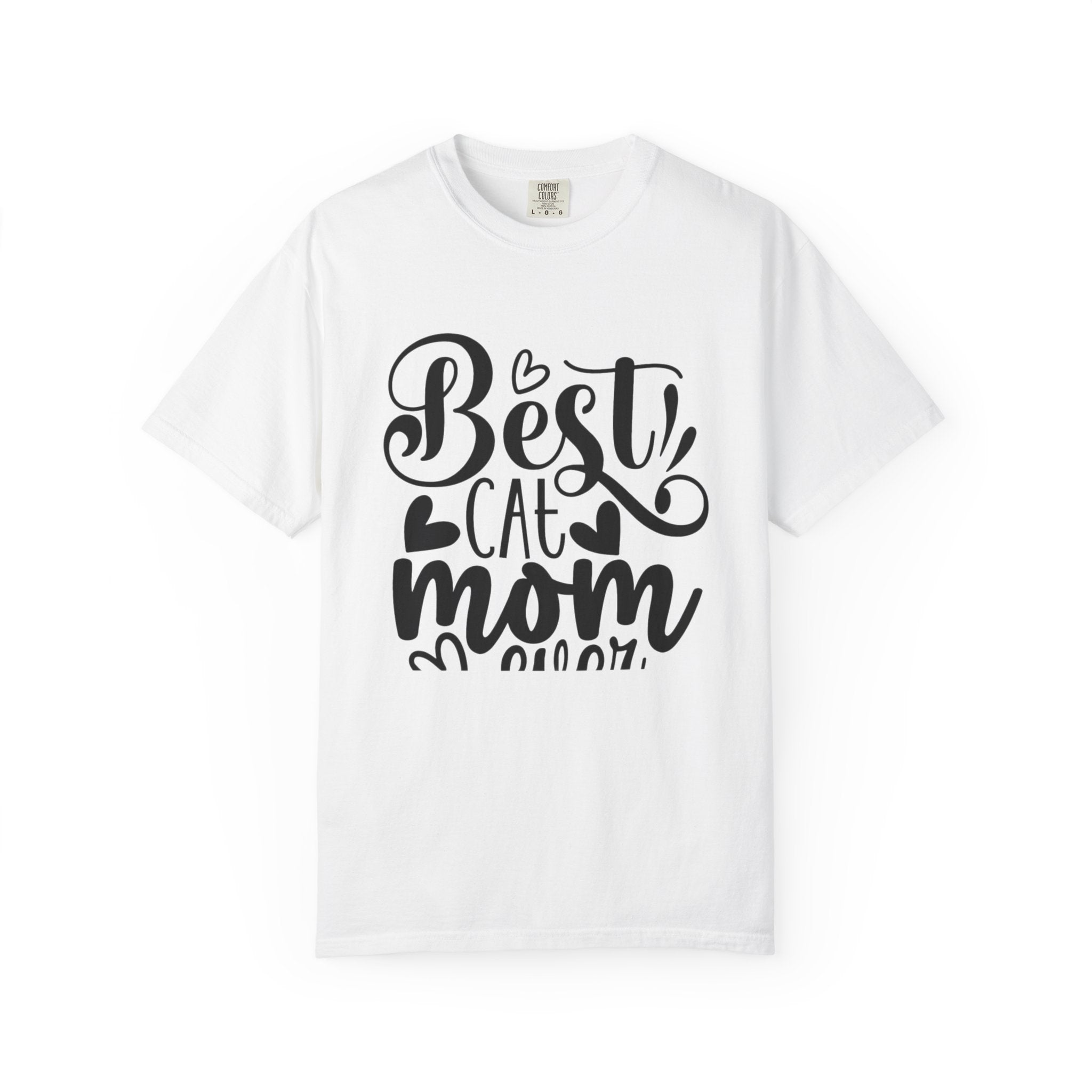 Best Cat Mom T-Shirt with whimsical script and heart accents on a garment-dyed unisex cotton tee