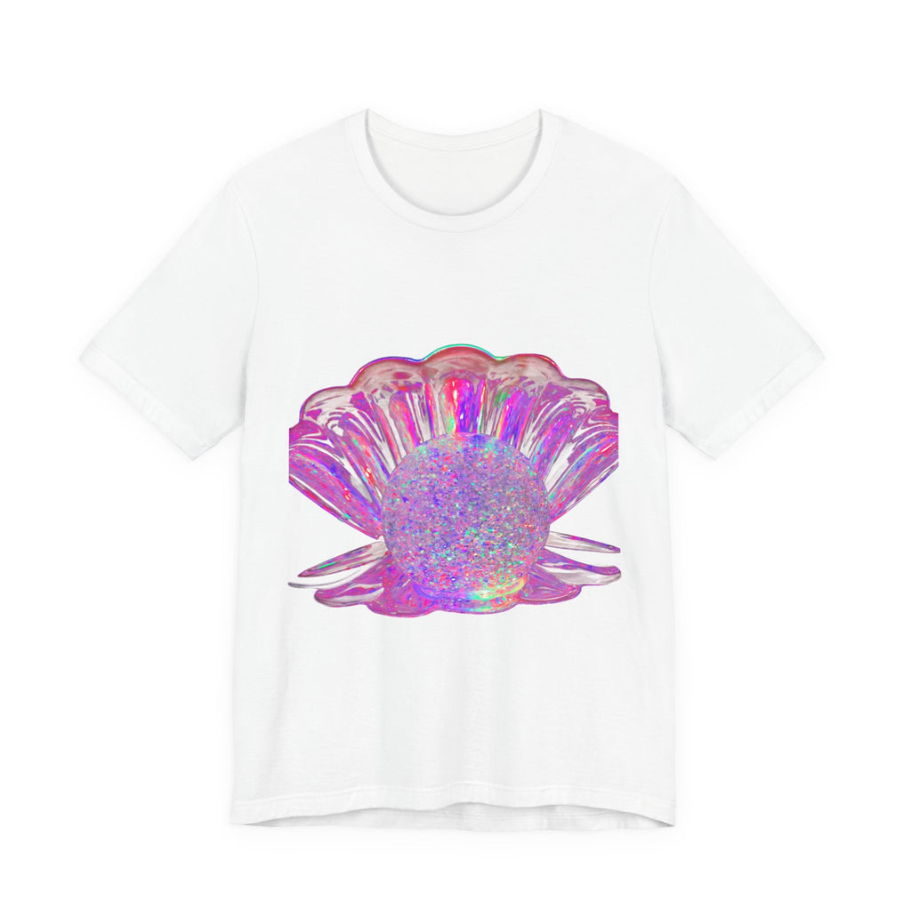 Holographic Pink Pearl Shell Tee with iridescent pink and lilac shell graphic on a lightweight cotton T-shirt
