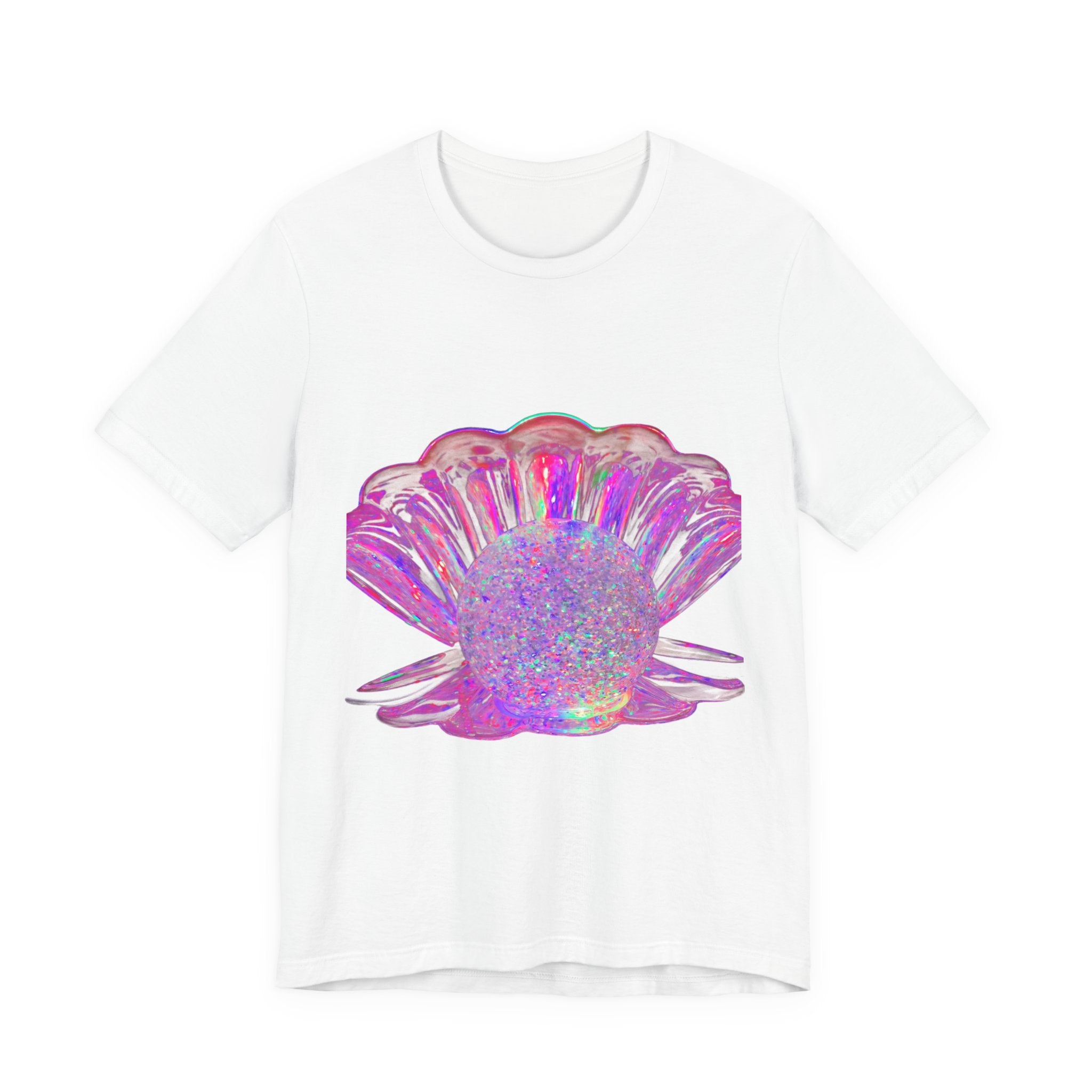 Holographic Pink Pearl Shell Tee with iridescent pink and lilac shell graphic on a lightweight cotton T-shirt