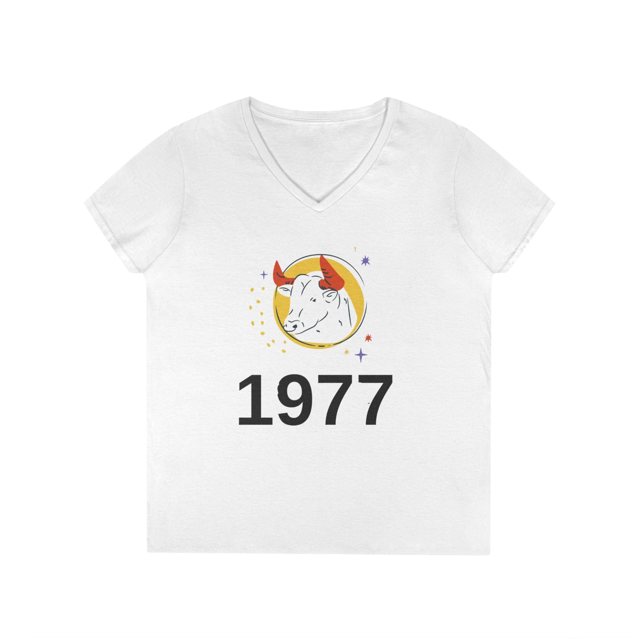 1977 Taurus women's cotton V-neck tee with ox illustration, bold birth year print, and semi-fitted silhouette